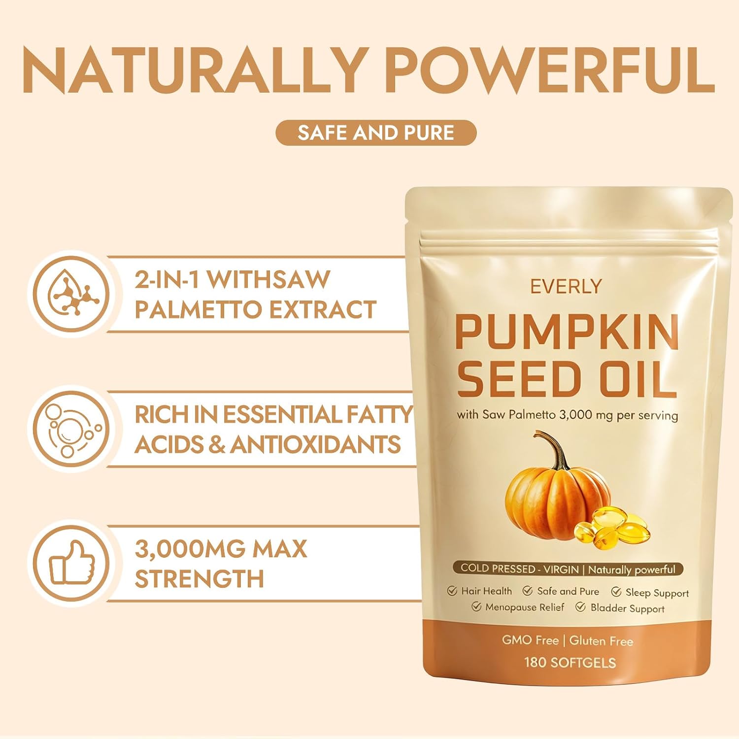Everly Pumpkin Seed Oil with Saw Palmetto - Cold Pressed Virgin Oil, 3000mg per Serving, Rich in Essential Fatty Acids, Cold Pressed Pumpkin Seed Oil Capsules, Non-GMO - 180 Softgels