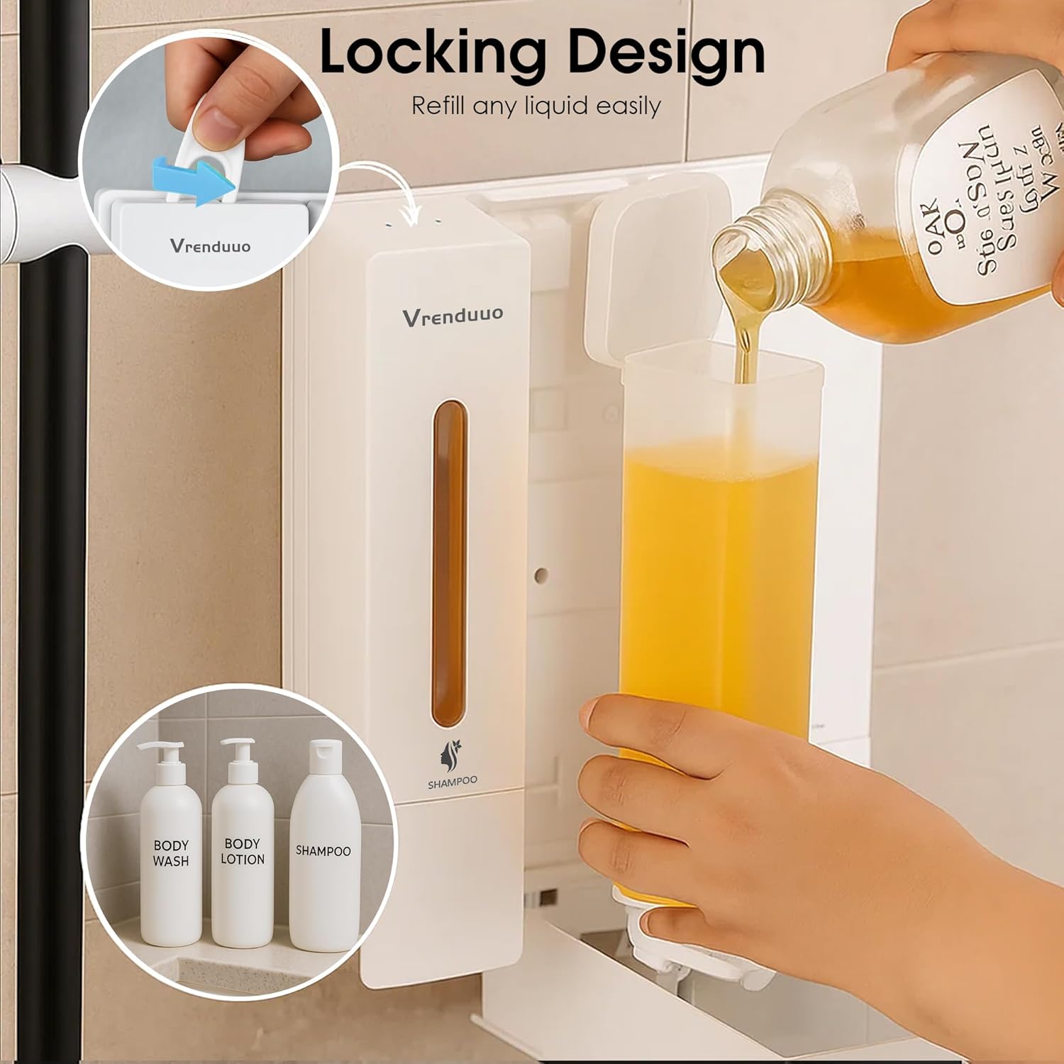 Shampoo and Conditioner Dispenser,Shower Dispenser 3 Chamber No Drill,Shower Soap Dispenser Wall Mounted for Bathroom Hotel with Upgrade Pump Head,3 * 400ml (White 3 Chamber) - Image 4