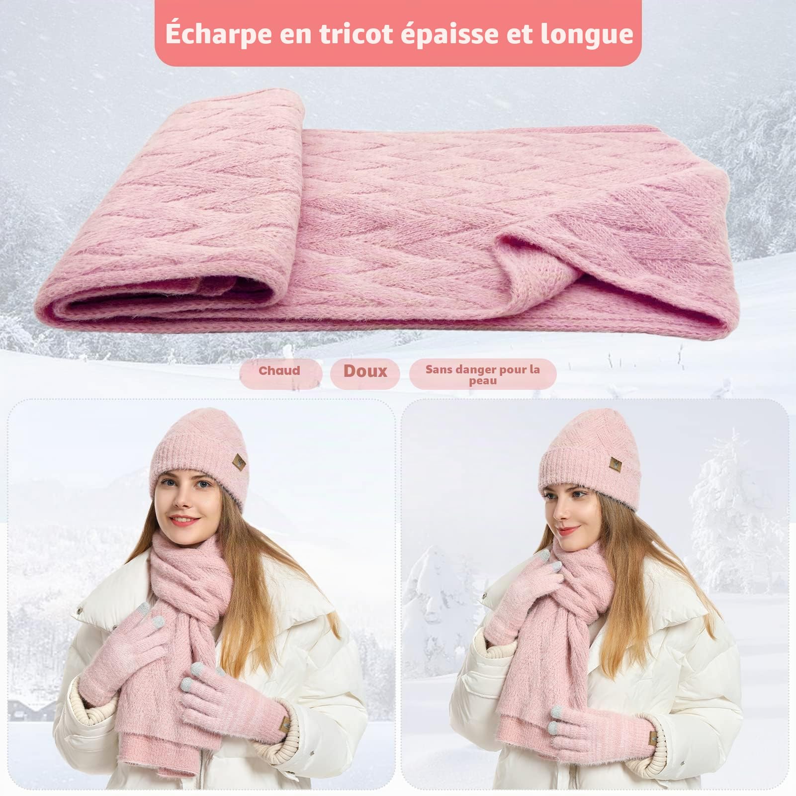 Packs Bonnet Écharpe et Gants pour Femme Gants à Écran Tactile Thermique Tricoté Echarpe Chaude et Bonnet Polaire pour Femme