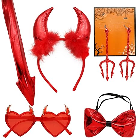 Red Devil Accessories Set for Women - 5Pcs Halloween Devil Horns Headband...