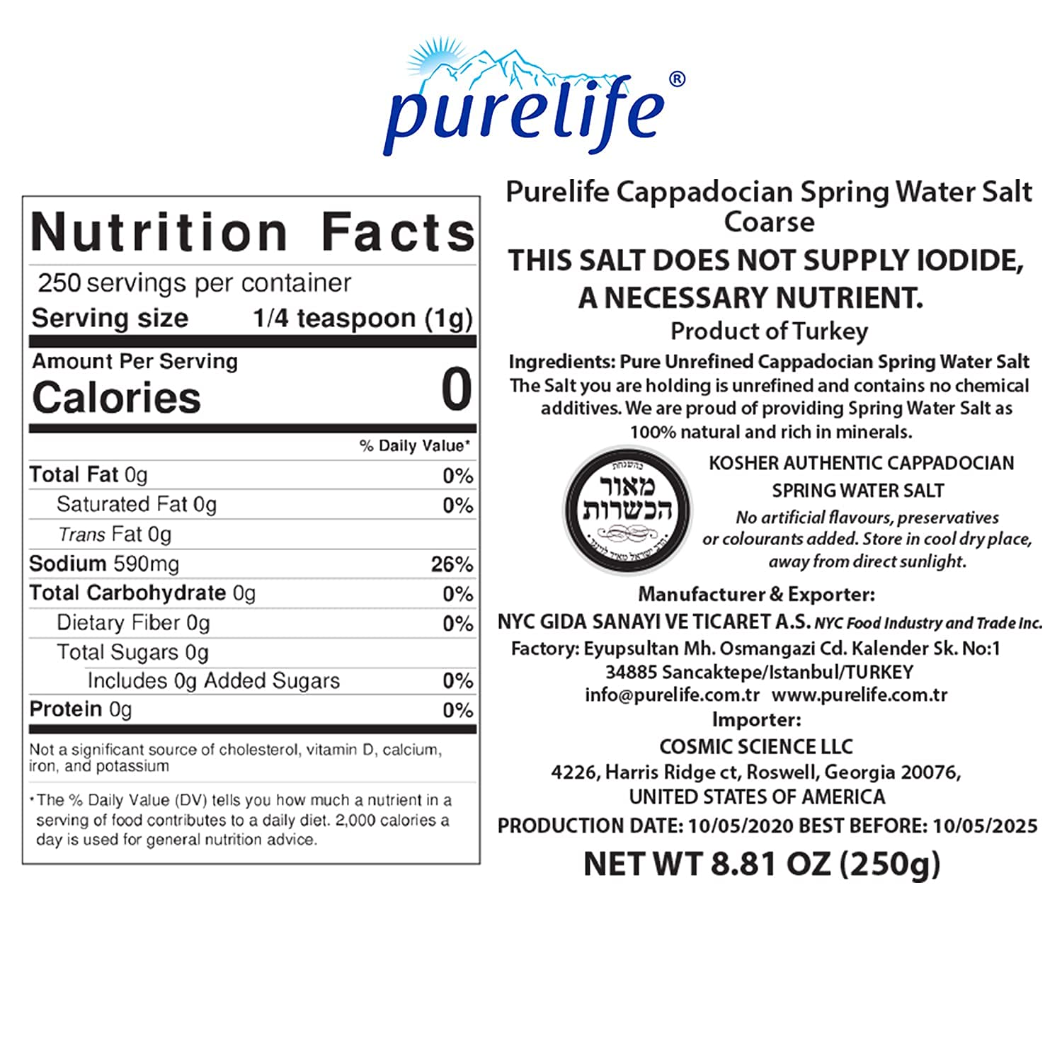 Purelife Cappadocian Spring Kosher Salt Coarse Unrefined - Gourmet Natural Spring Salt with Minerals in Pet Jar with Ceramic Mill & Himalayan Kosher Salt Pink Unrefined in Pet Jar with Shake - 8.81oz : Grocery & Gourmet Food