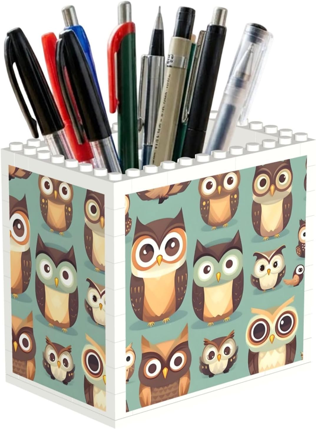 Animal Cartoon Owls Cute Print Uv Print Block Pencil Cup, Detachable Creative Block Desk Organizer Office Abs Pen Holder