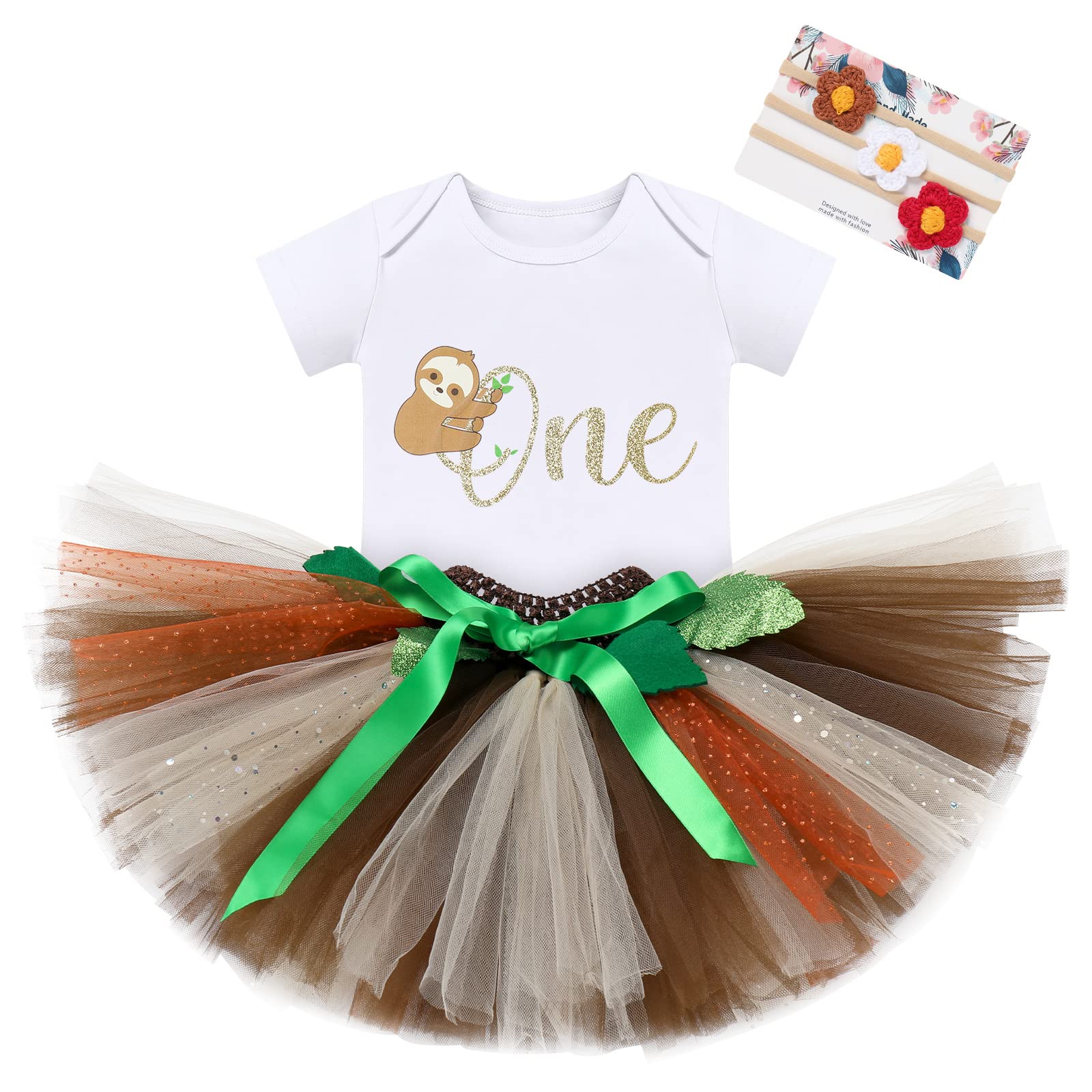 ODASDO Sloth Outfits For Baby Girl 1st First Birthday Cake Smash Jungle Safari Themed One Year Old Party Photo Shooting Toddler Kids Zoo Animal Print Romper Tutu Skirt Headband Set Brown Sloth 12-18M