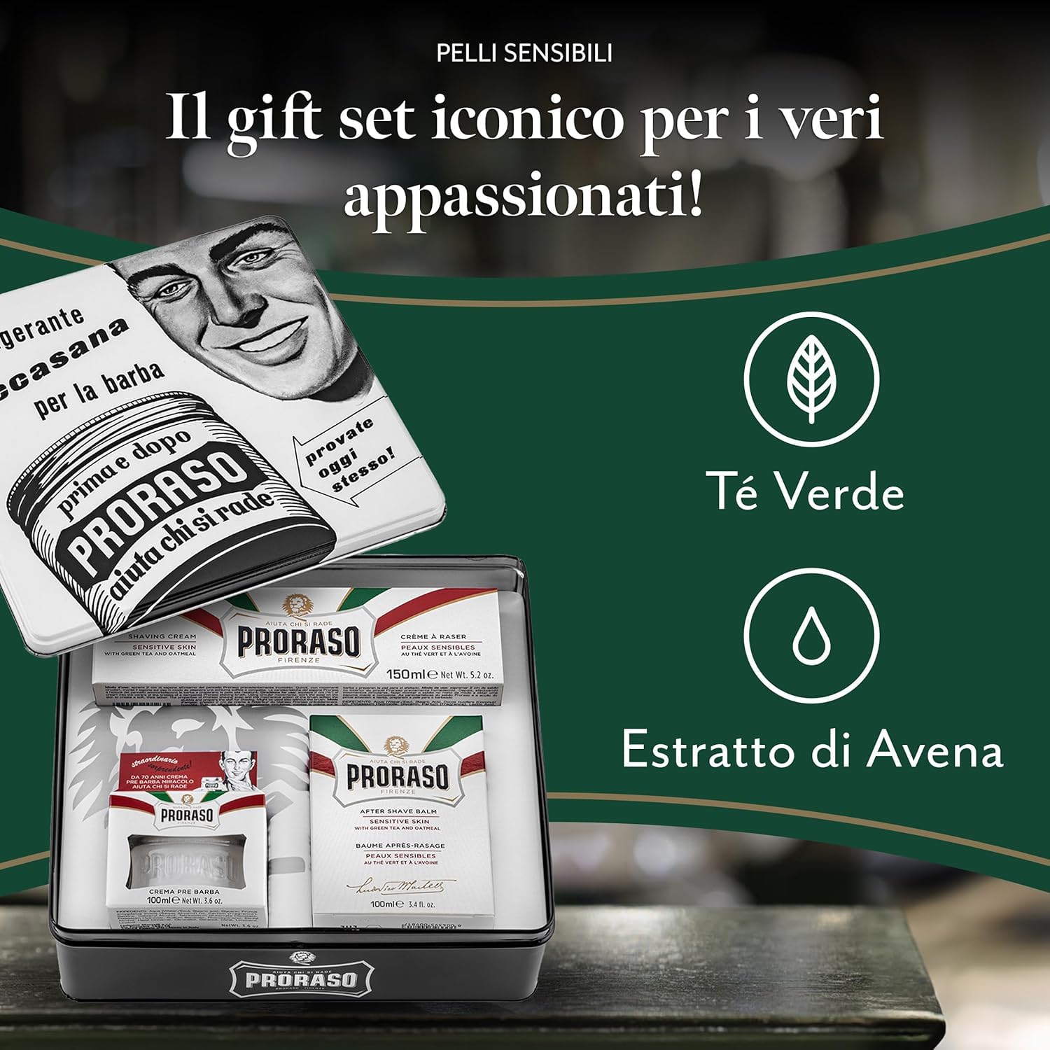 Proraso Set Vintage Selection Pelli Sensibili, Set regalo uomo con Crema Pre Barba 100 ml, Sapone Barba 150 ml e Balsamo Dopobarba 100 ml, Cofanetto regalo uomo, Set regalo natale Made in Italy