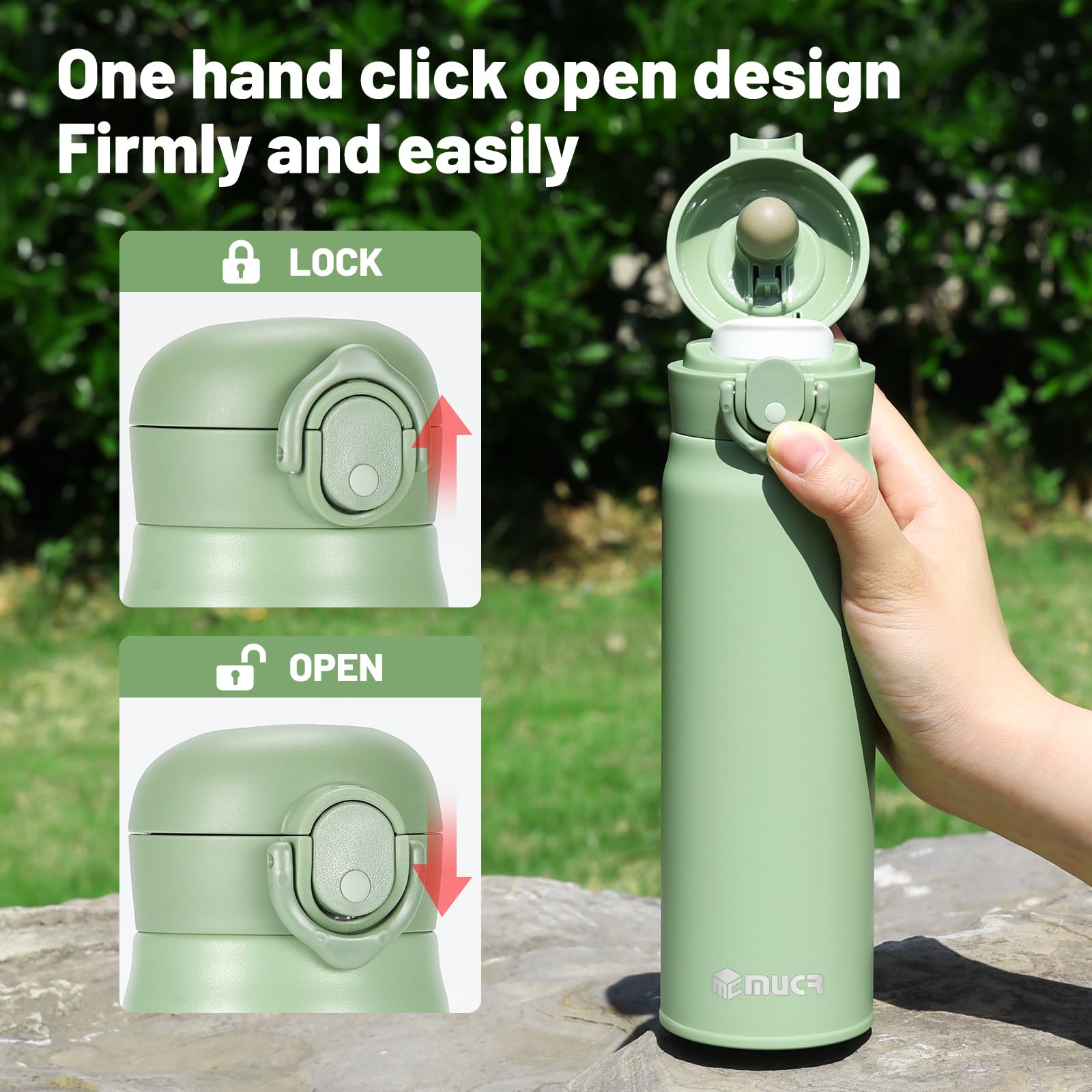 Botella de agua aislada de 500 ml, taza térmica de viaje de acero inoxidable, taza térmica con tapa abatible a presión, sin BPA para beber caliente y frío, verde