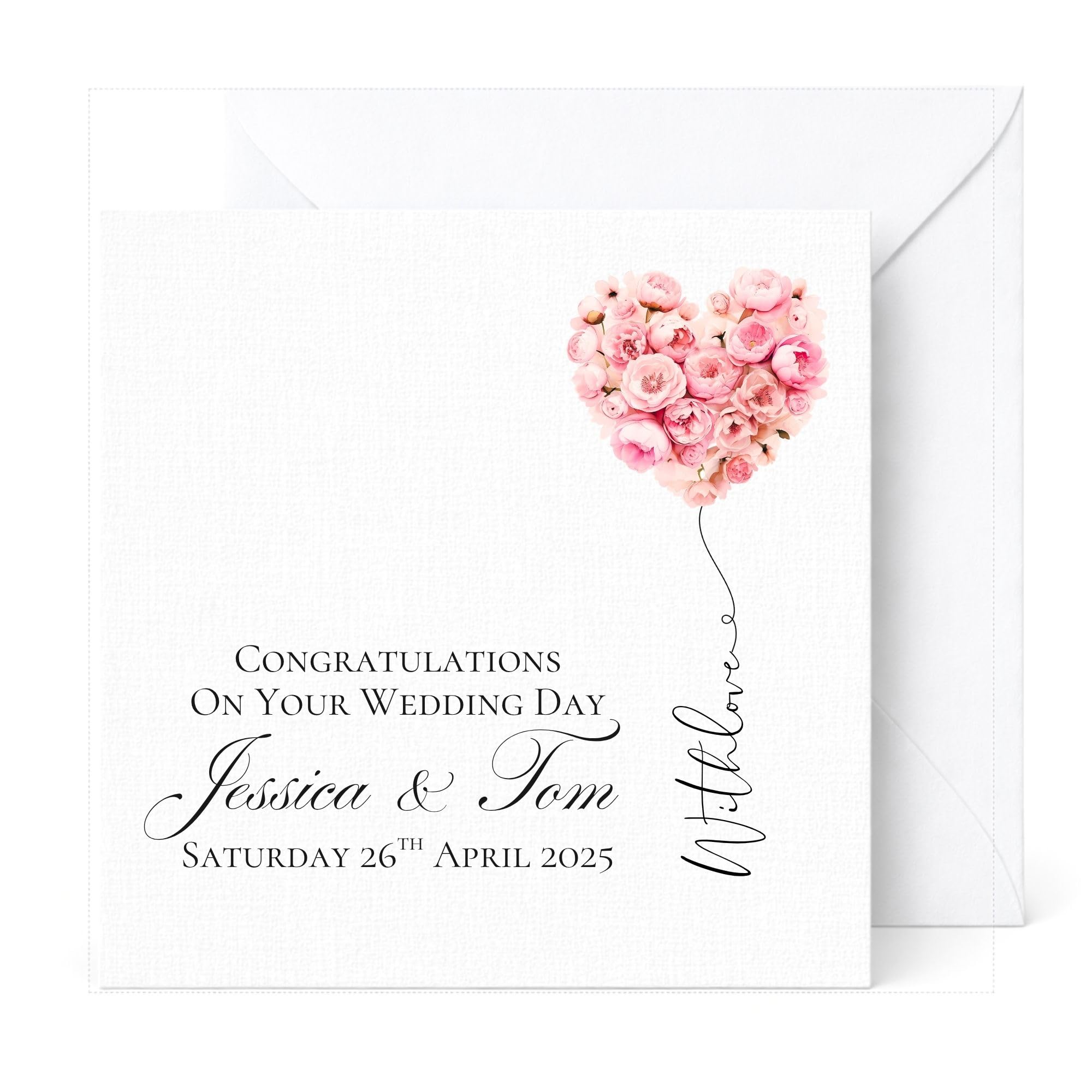 Personalised Wedding Day Card – Custom Names & Date – Pink Floral Heart Design – Elegant Keepsake Card for Bride & Groom, Mr & Mrs, Newlyweds – Handmade by Rosewood Cards