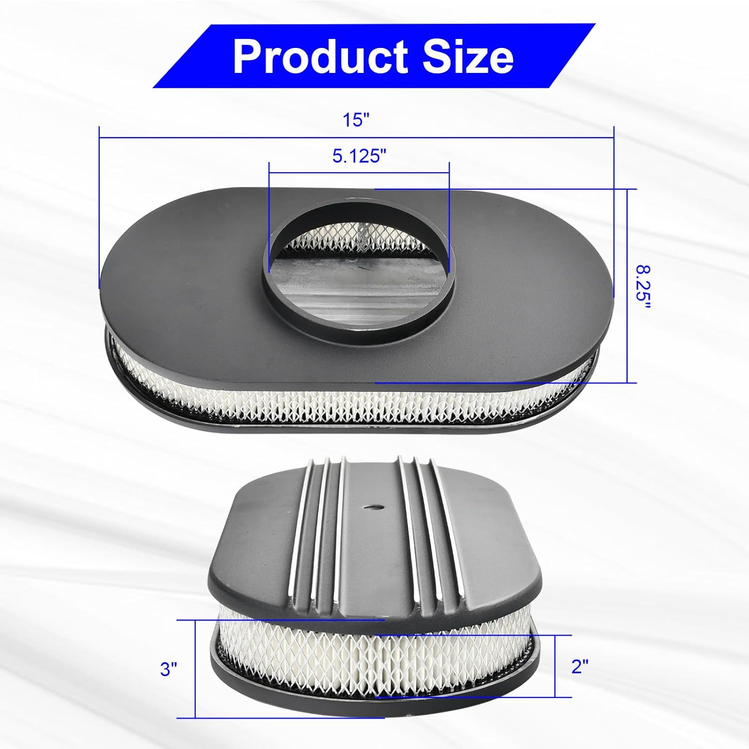 15" Oval Half Finned Black Aluminum Air Cleaner Assembly Kit for 4-Barrel Carburetor with Filter Element & Bolt