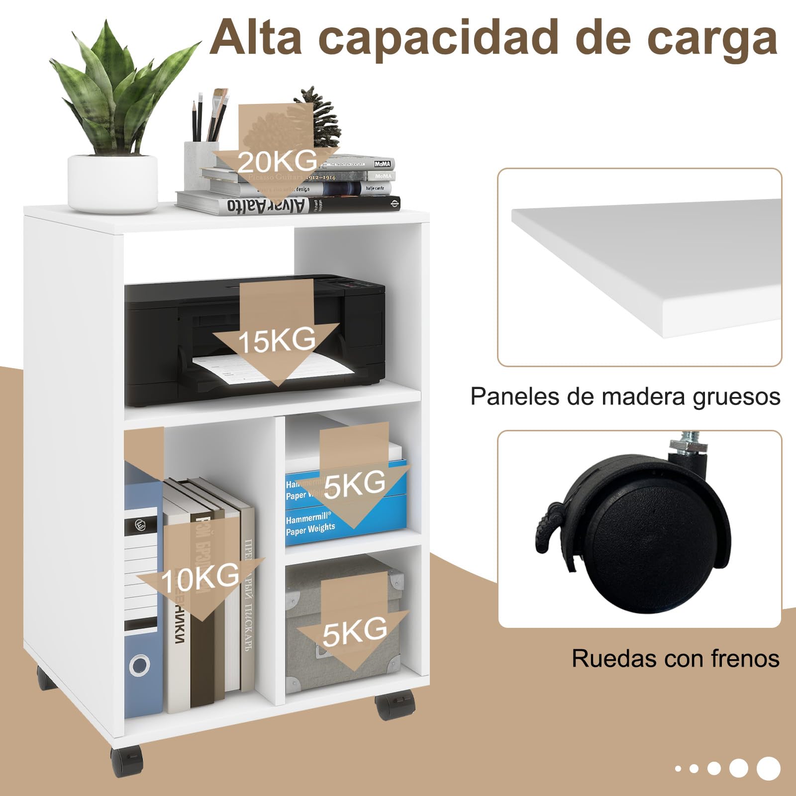 PUNCIA Mueble para Impresora con Ruedas Archivador Auxiliar Oficina de Madera con 4 Estantes Ajustables Mesa de Impresora Armario Móvil para Documentos DIN A4 Carro de Despacho Estudio Blanco