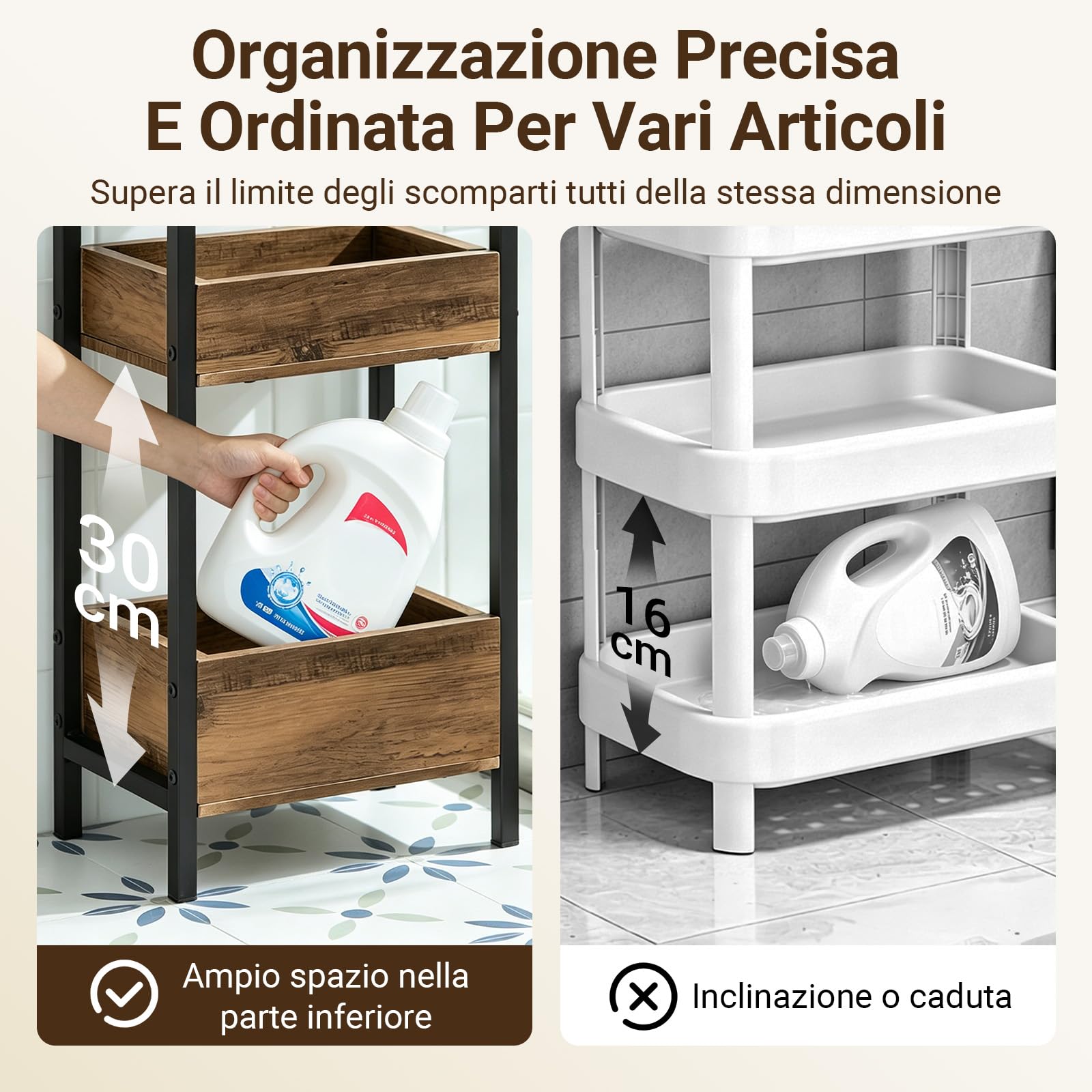 SoBuy Mobiletto Bagno Salvaspazio con 3 Ripiani Robusti – Mobile Bagno Stretto in MDF fino a 30kg, Armadietto Bagno color legno per piccoli bagni 28x20x74cm FRG226-F