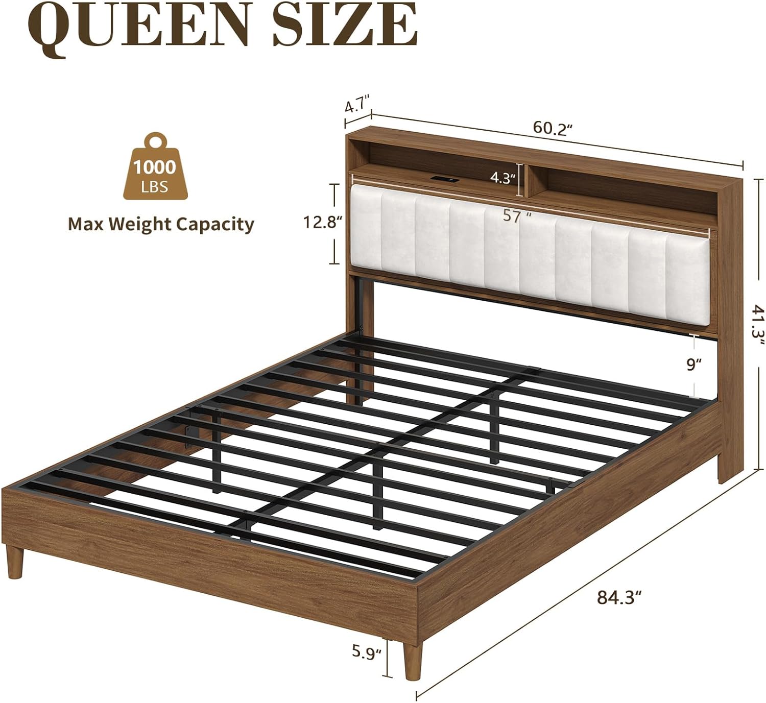 Wood Queen Bed Frame with Storage Headboard, Bed Frame Queen Size with LED Lights & Charging Station, LED Bed Frame with Hidden Storage, Velvet Upholstered Platform Metal Bed, No Box Spring Needed