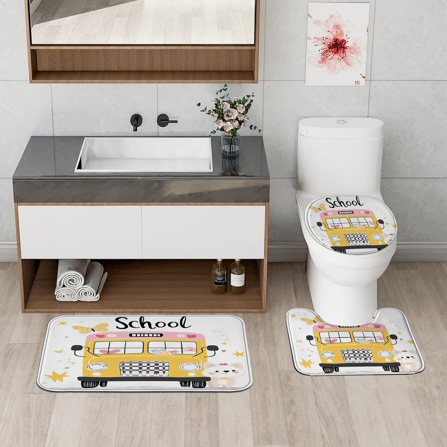 4PCS Cartoon Eskimos Dog Bathroom Accessory Sets with Non-Slip Rug, U Shape and Toilet Lid Cover Mat, Kid School Bus Bathroom Fabric Decor-72''x72''