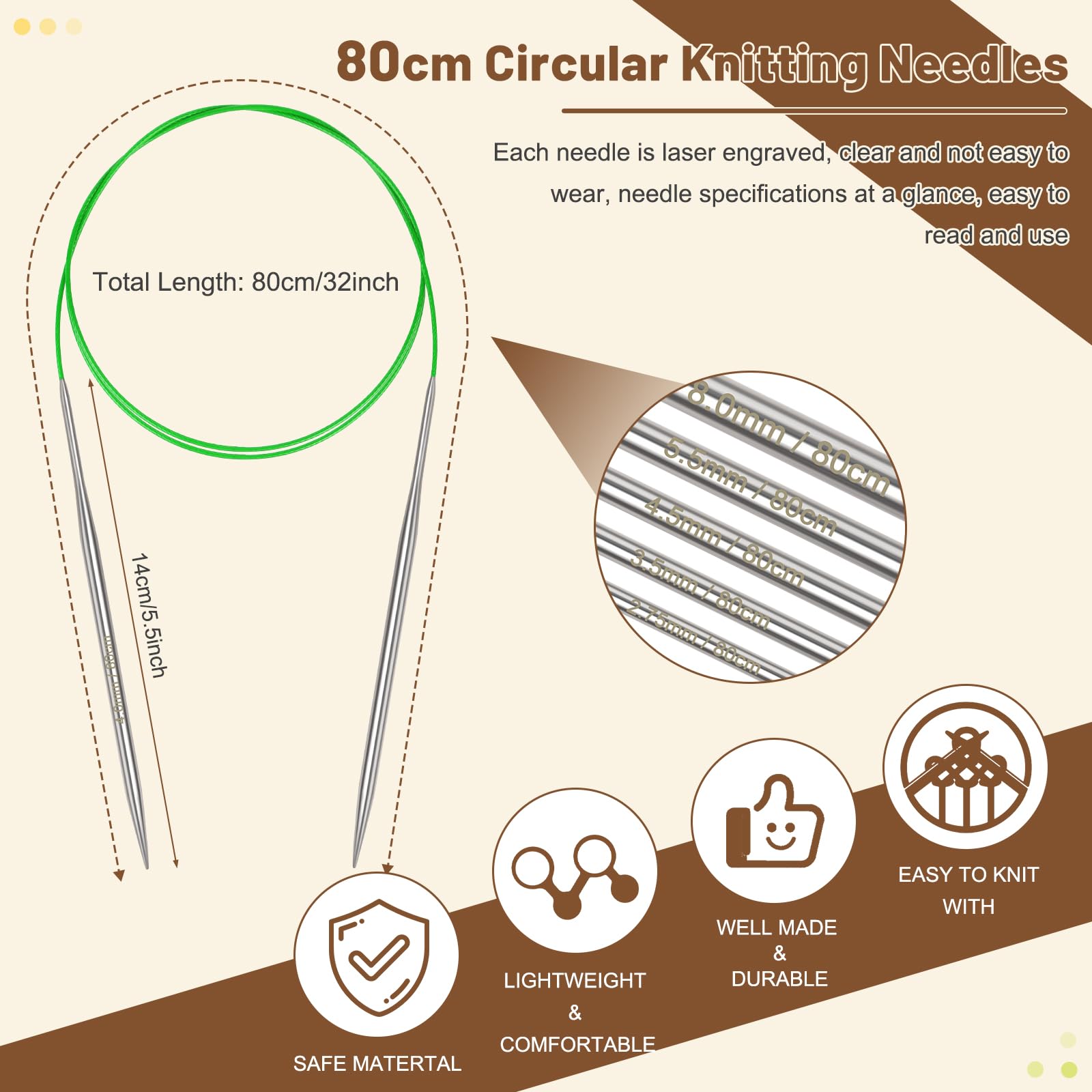 Aeelike 2.25mm Circular Knitting Needles 80cm, 2.25mm Stainless Steel Round Knitting Needles for Beginners, 32 inch Long Metal Fixed Circular Needles for Knitting Socks, Hat, Sweater, Scarf, Blanket - Image 2