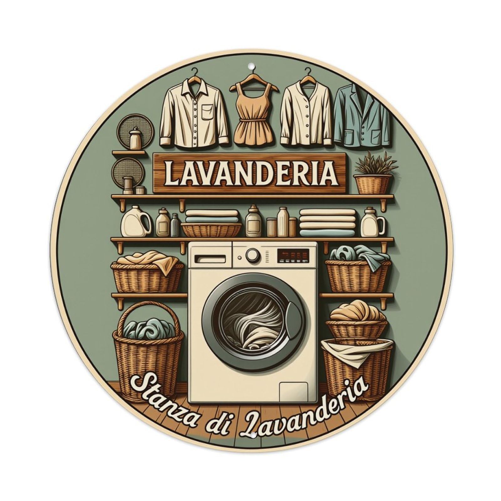 Iageret Vintage Laundry Room Scene With Clothes And Machine Round Metal Tin Sign Wall Decor, Bar Garage Cafe Kitchen Home Wall Art Poster 8X8inches