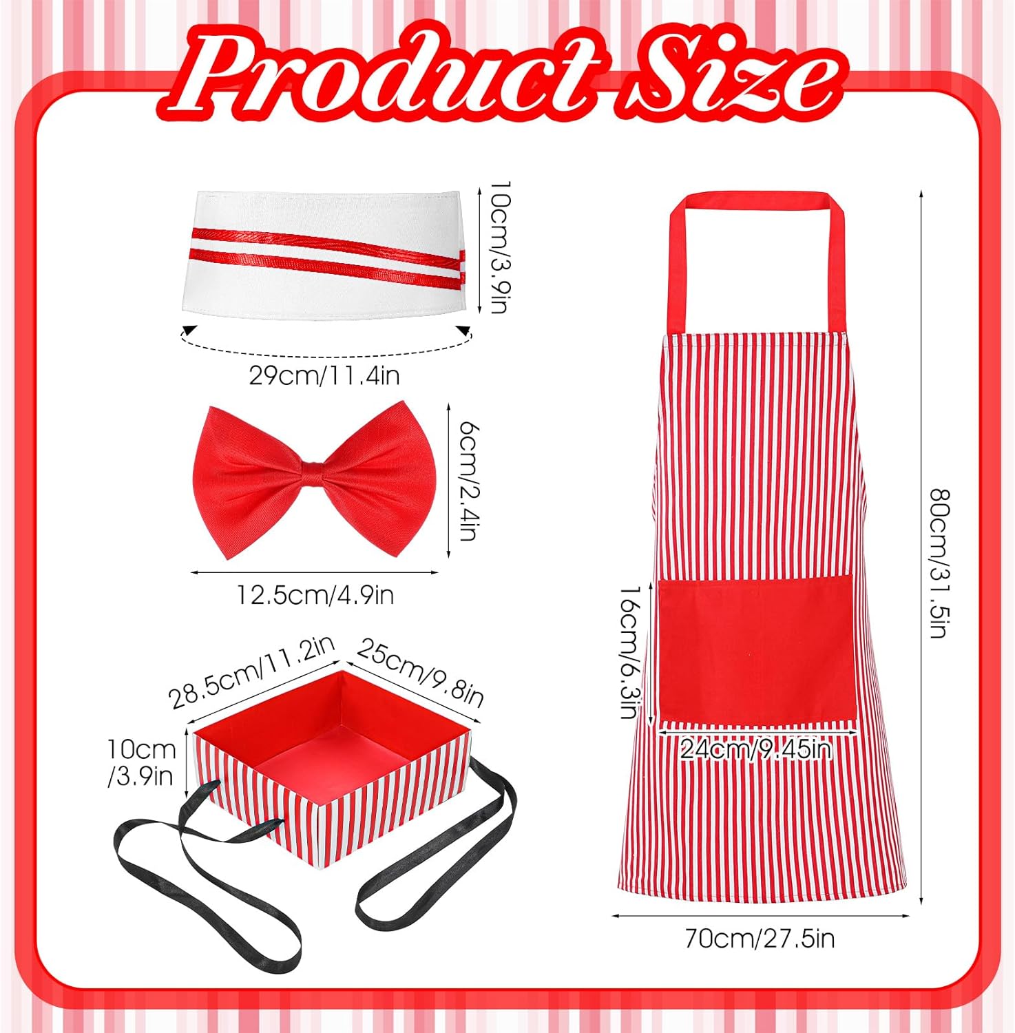 Waiter Costume Kit, 3 PCS Adult Carnival Costume, Red and White Striped Apron with 1 Pockets Chef Hat Red Bow Ties Snack Tray, 1950s Carnivals Cosplay for Circus Hot Dog Costumes, Carnival Outfit - Image 2