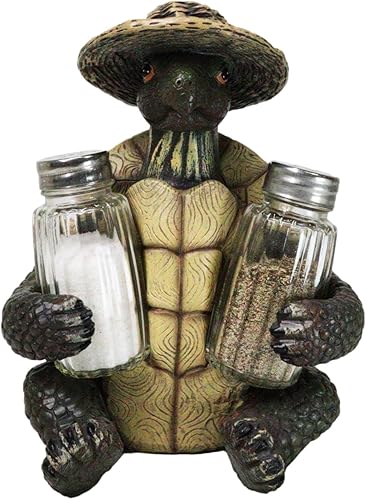 Ebros Slow Seasons - Tortuga para acampar al aire libre con sombrero de mimbre, salero y pimentero, figura de 7 pulgadas de alto, tortugas,