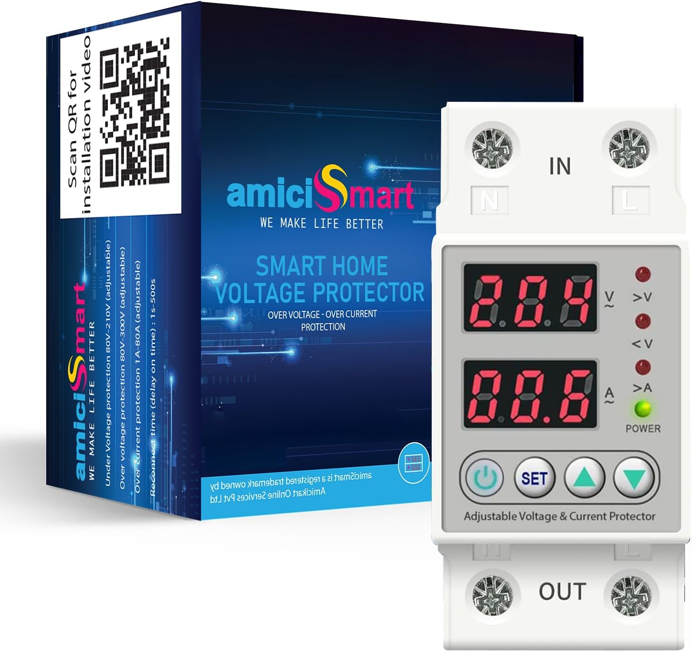 amiciSmart Automatic Over/Under Voltage and Over Load Protection (Adjustable Setting) with Auto Re-Connect LED Display Standard Din-Rail Mounted Single Phase 220V, 63A (13.8kW)