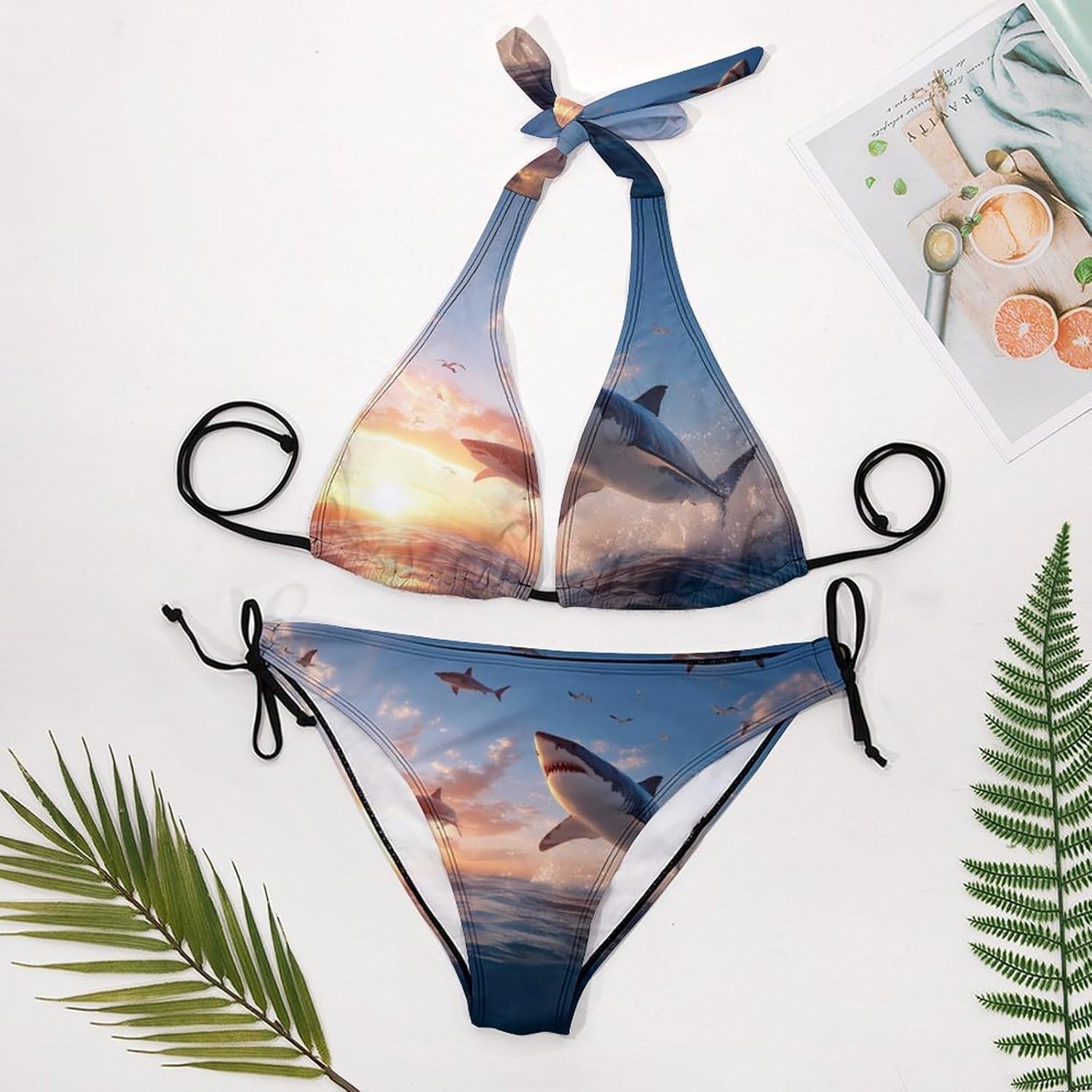 Sharks in The Ocean Sunset Novelty Women's 2 Piece String Bikini Set Swimsuits Bathing Suit Swimwear