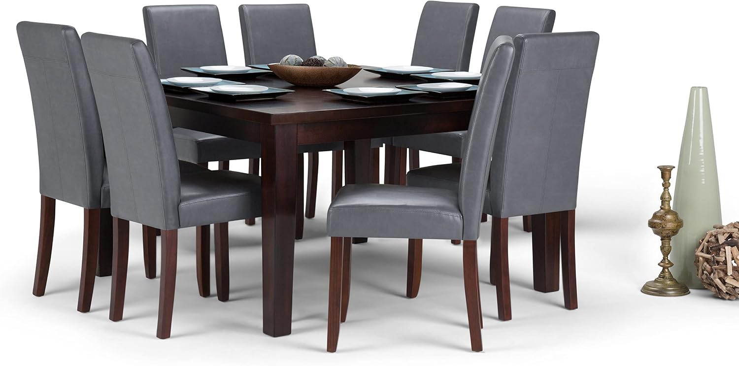 SIMPLIHOME Acadian/Eastwood 9-Piece Dining Set, 72 inch Wide Solid Hardwood Table and 8 Upholstered Parsons Chairs in Stone Grey, Transitional Style for Dining Room with Padded Seats (Set of 9)