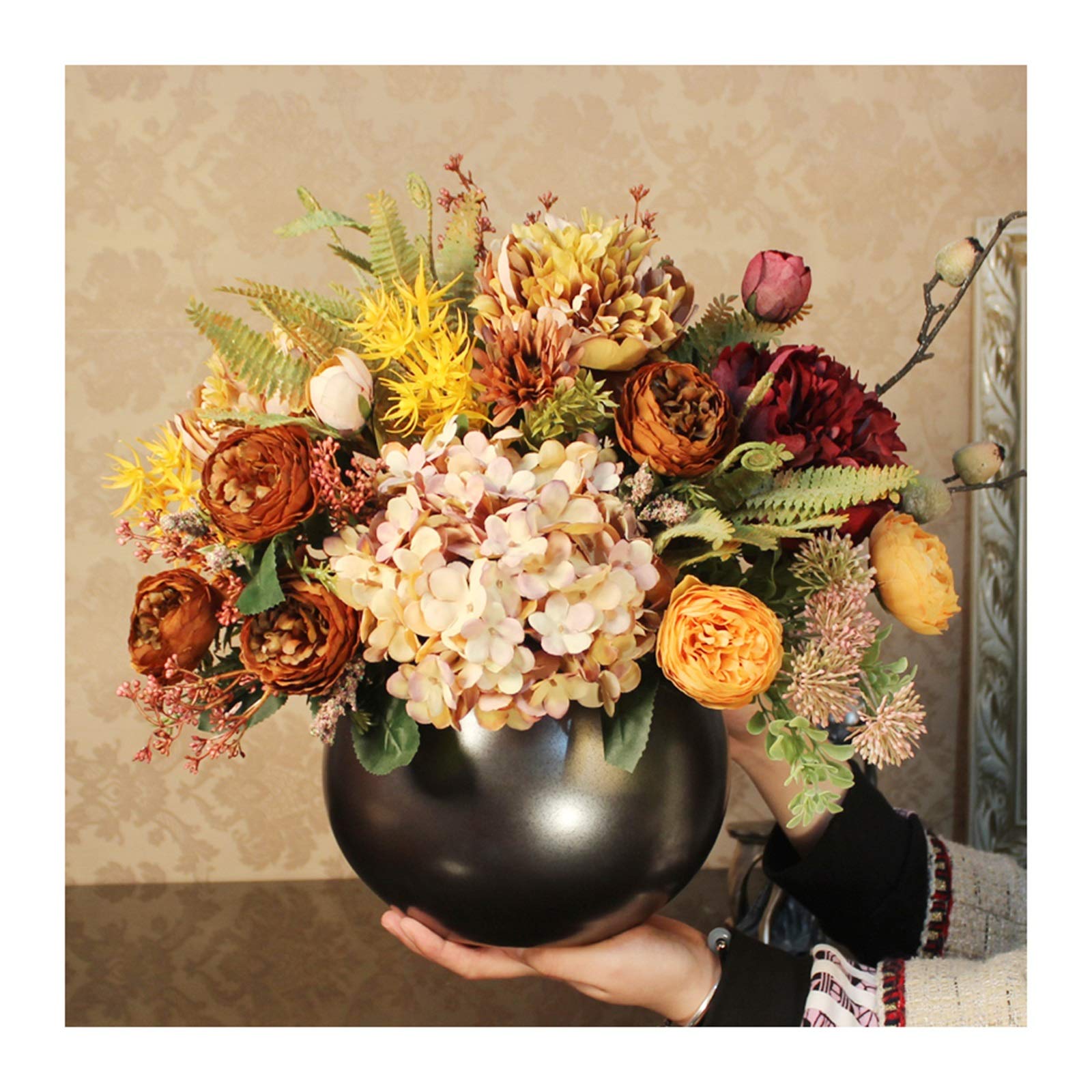 Fiori artificiali Centrotavola di fiori finti - Fiori finti retrò Simulazione di bonsai Disposizione di fiori di peonia in vaso di ceramica, Mazzi di fiori di seta per casa/Portico/Ufficio/Salotto