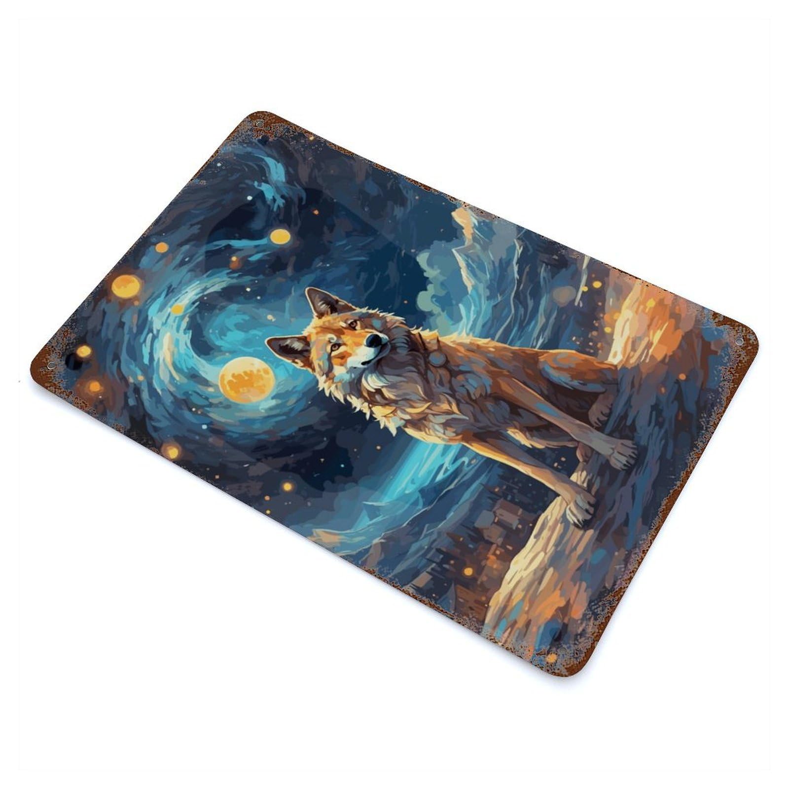 Distressed Metal Wall Sign Wolf Starry Night 11.8"x7.9", Vintage Wall Decor for Garage, Bar And Workshop Decor