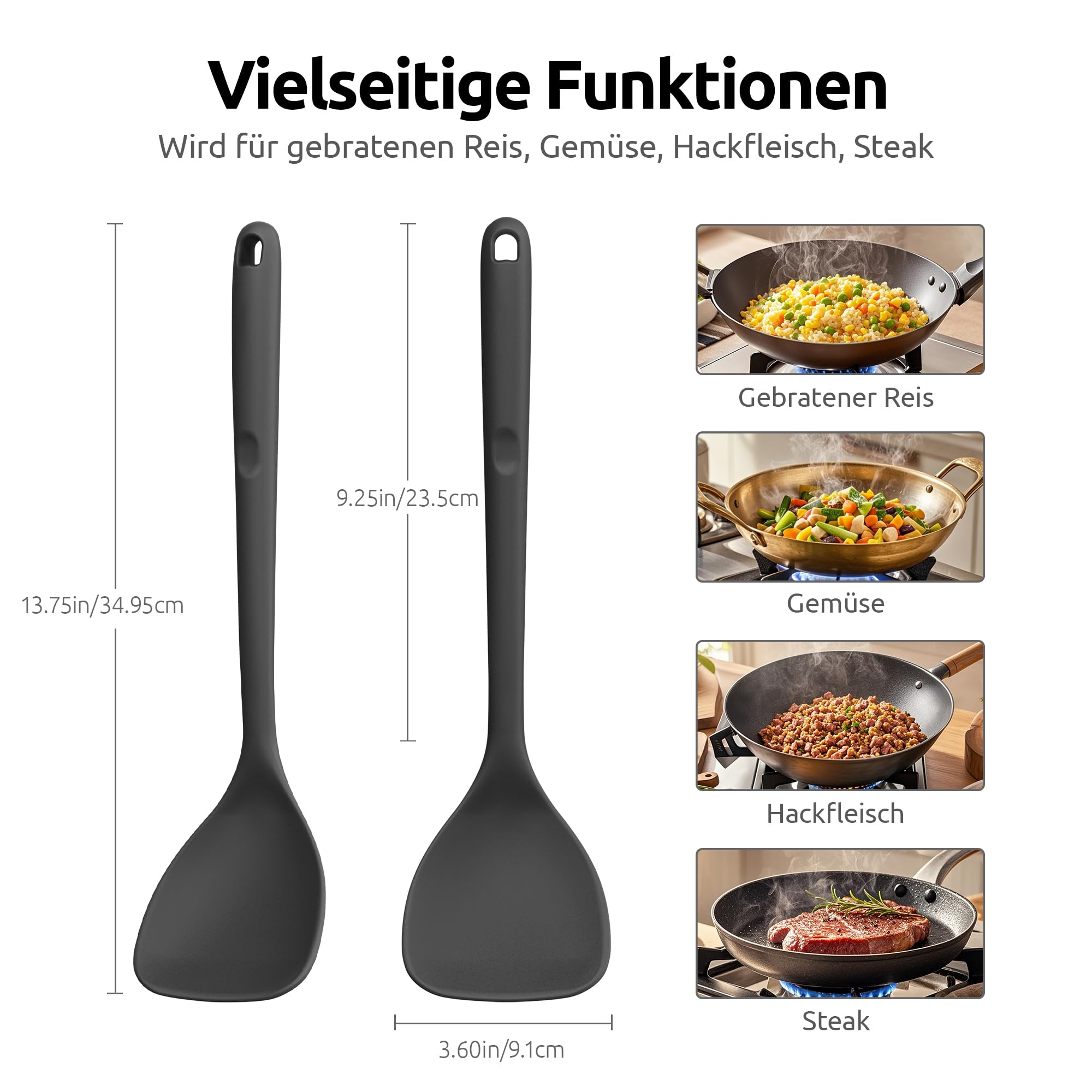 U-Taste Extra langer Silikon Wok Spatel: 315℃ hitzebeständiger Antihaft Wokpfannenwender, nahtloser Spatel mit breitem Löffelkopf und gebogenen Kanten zum Pfannenrühren, Wenden, Grillen (Schwarz)