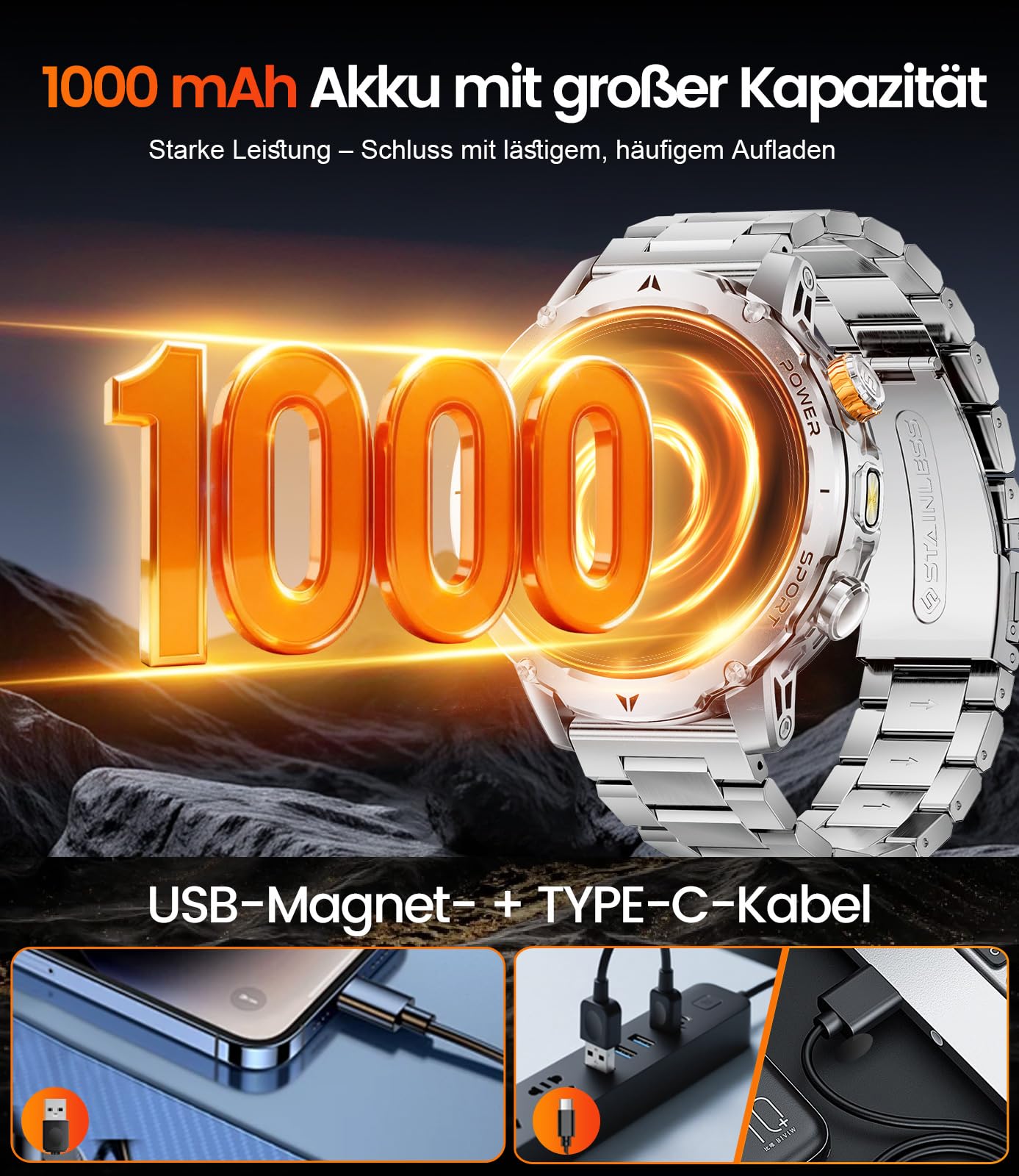 SUNKTA Smartwatch Herren Militär 1000 mAh großer Akku 1,7″ HD Bluetooth Anrufe Smartwatch für iOS Android Fitnessuhr,Herzfrequenz/Schlafmonitor/Schrittzähler,3 Armbänder,2 Ladekabel,Silber Sportuhr