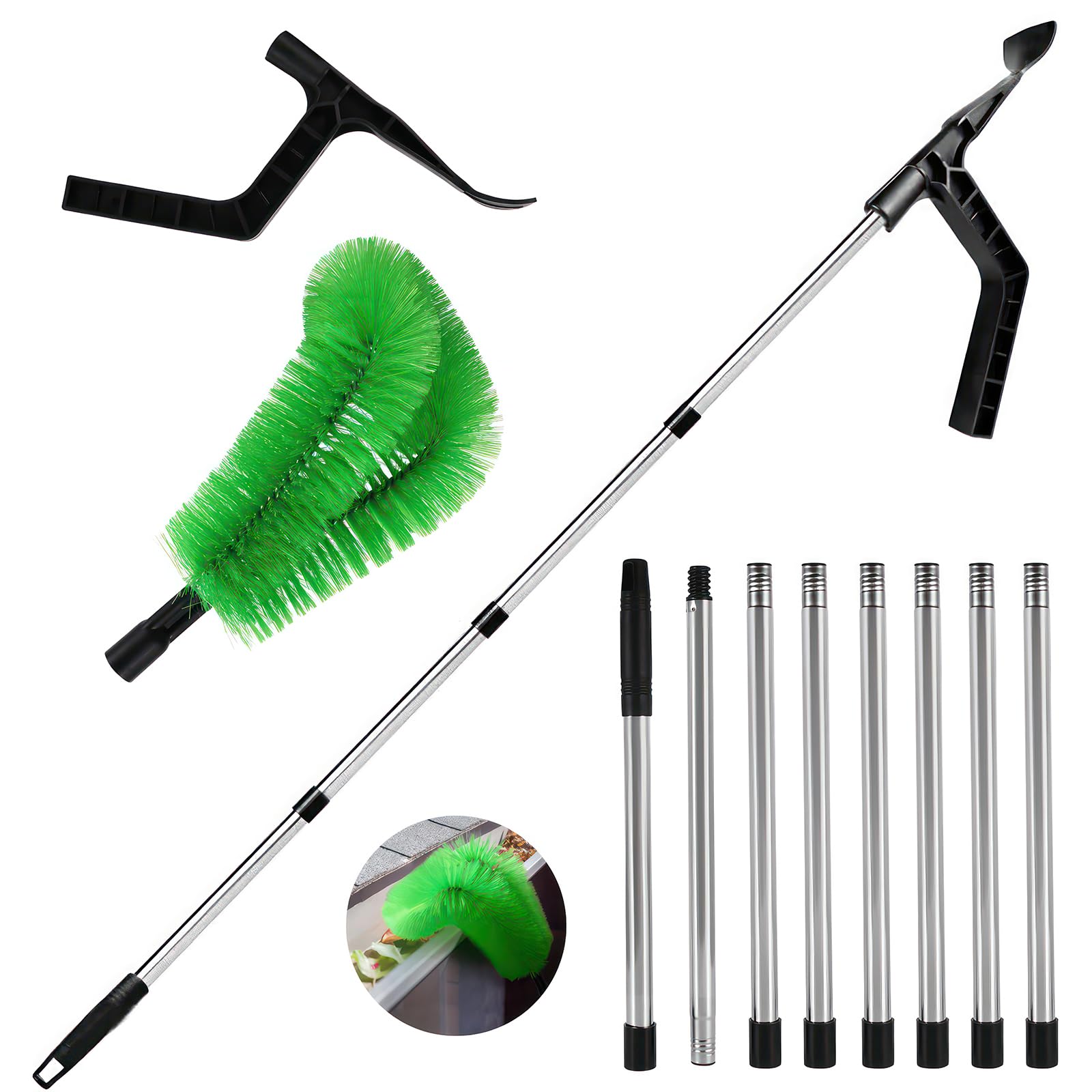 2-in-1 Gutter Cleaning Tools, 320cm Gutter Cleaning Tools Telescopic with Gutter Brush & Leaf Shovel