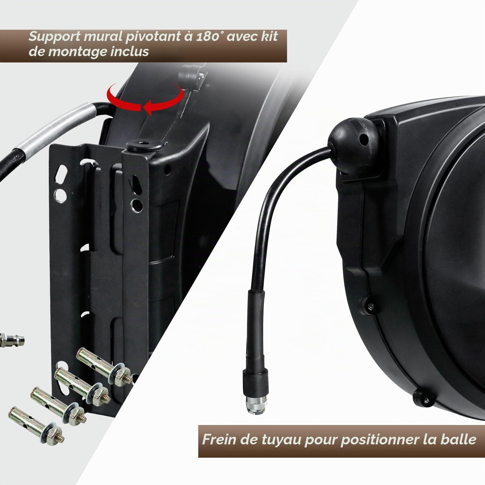 CCLIFE Enrouleur de Tuyau d'Air Comprimé 20m 1/4" Raccord Rapide Dévidoir de tuyau automatique max 15 bar