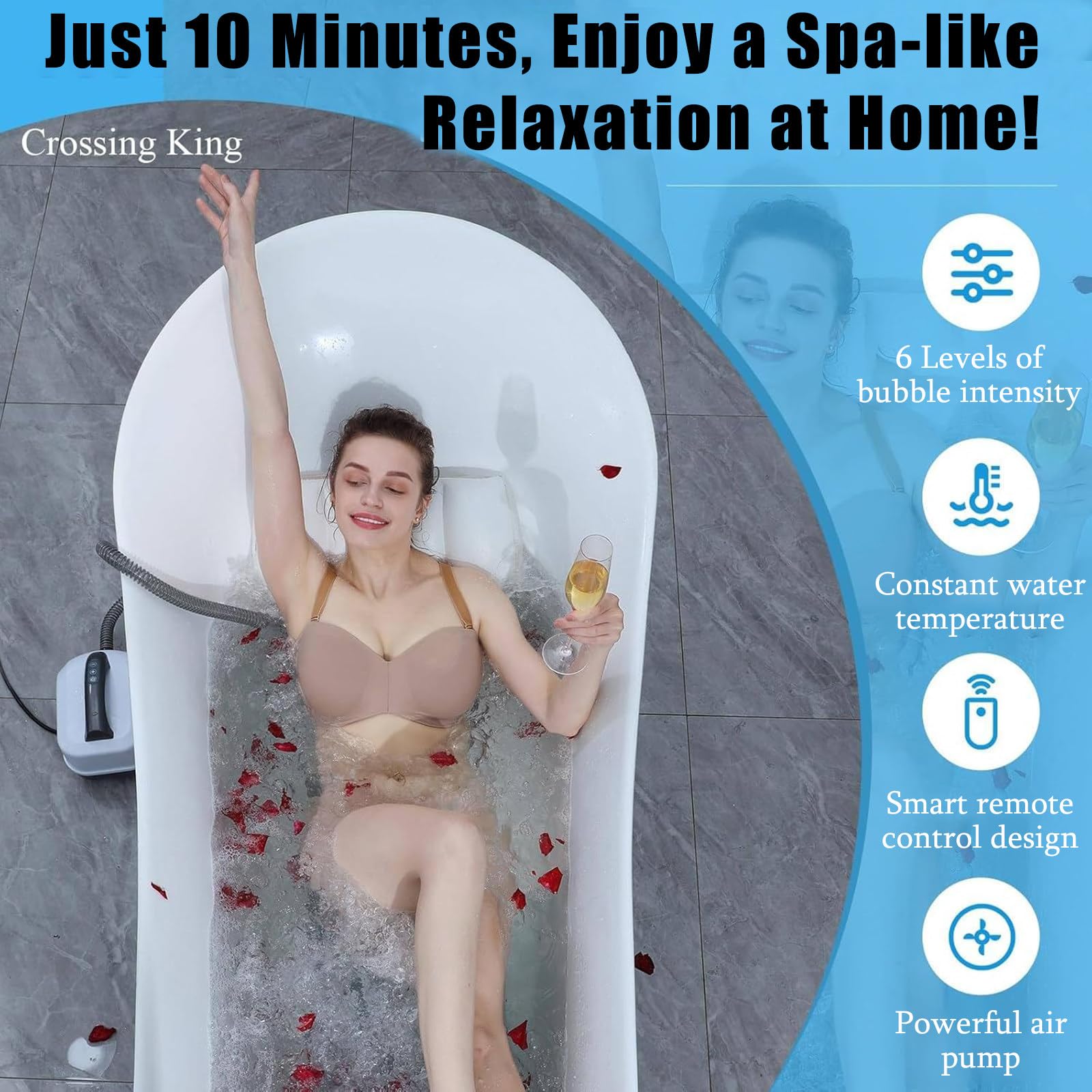 Tapis de bain gonflable avec fonction massage, design antidérapant et télécommande pour se détendre dans les baignoires