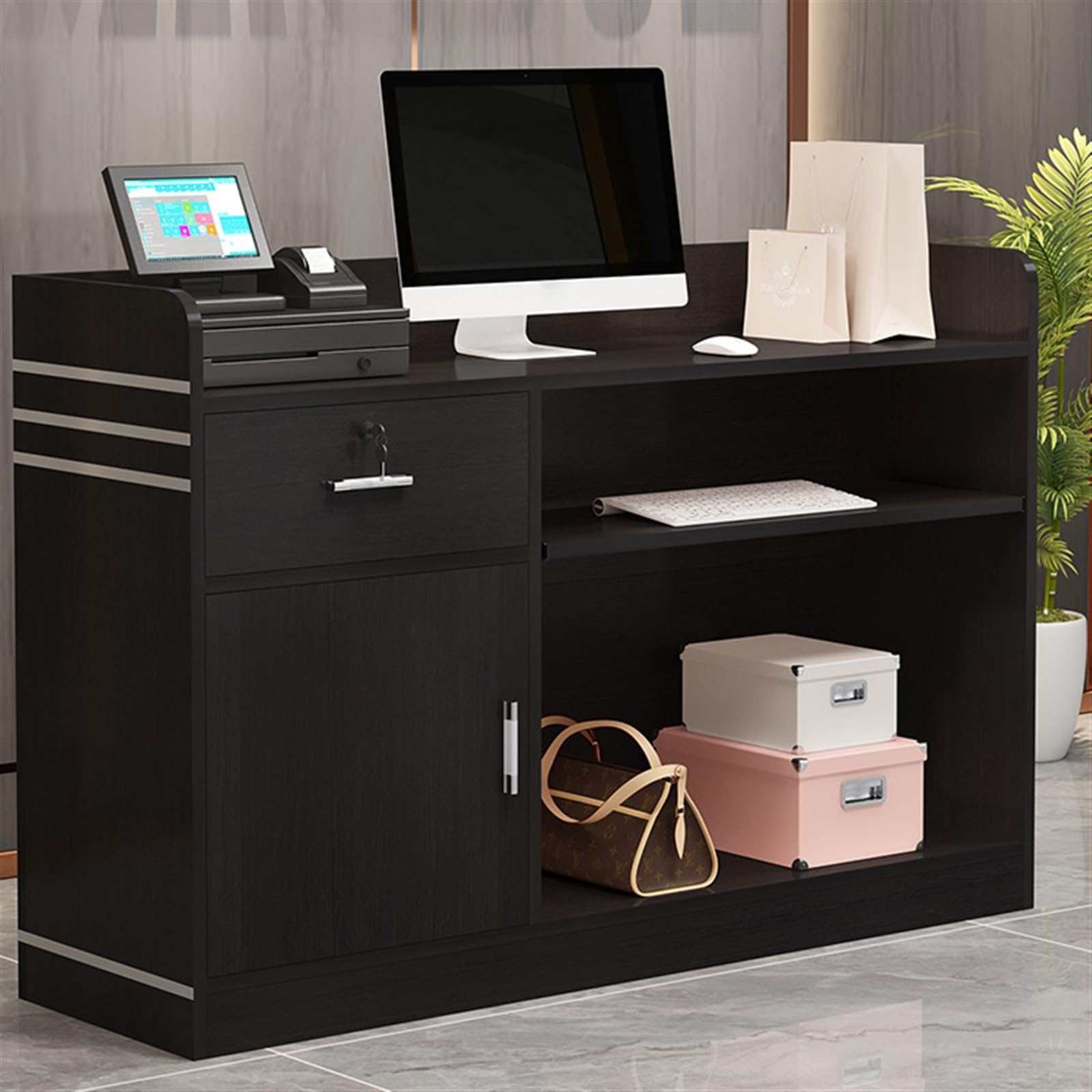 Bancone Reception Moderno con cassetto chiudibile a Chiave e sportello per Piccolo bancone Vendita per Salone Cassa Ufficio Marrone (80 cm)