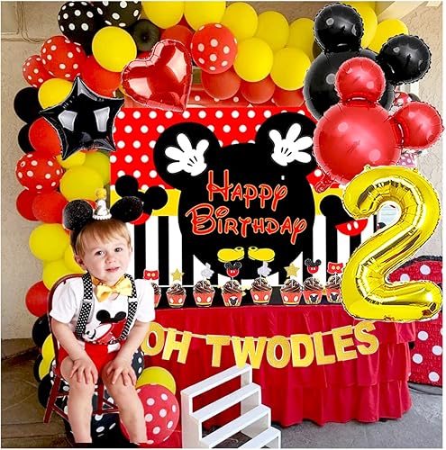 Miniatura 7 de Decoraciones de fiesta temática de ratón de 2º cumpleaños rojo para niño Oh Twodles suministros de fiesta de cumpleaños conjunto de pancarta y globo