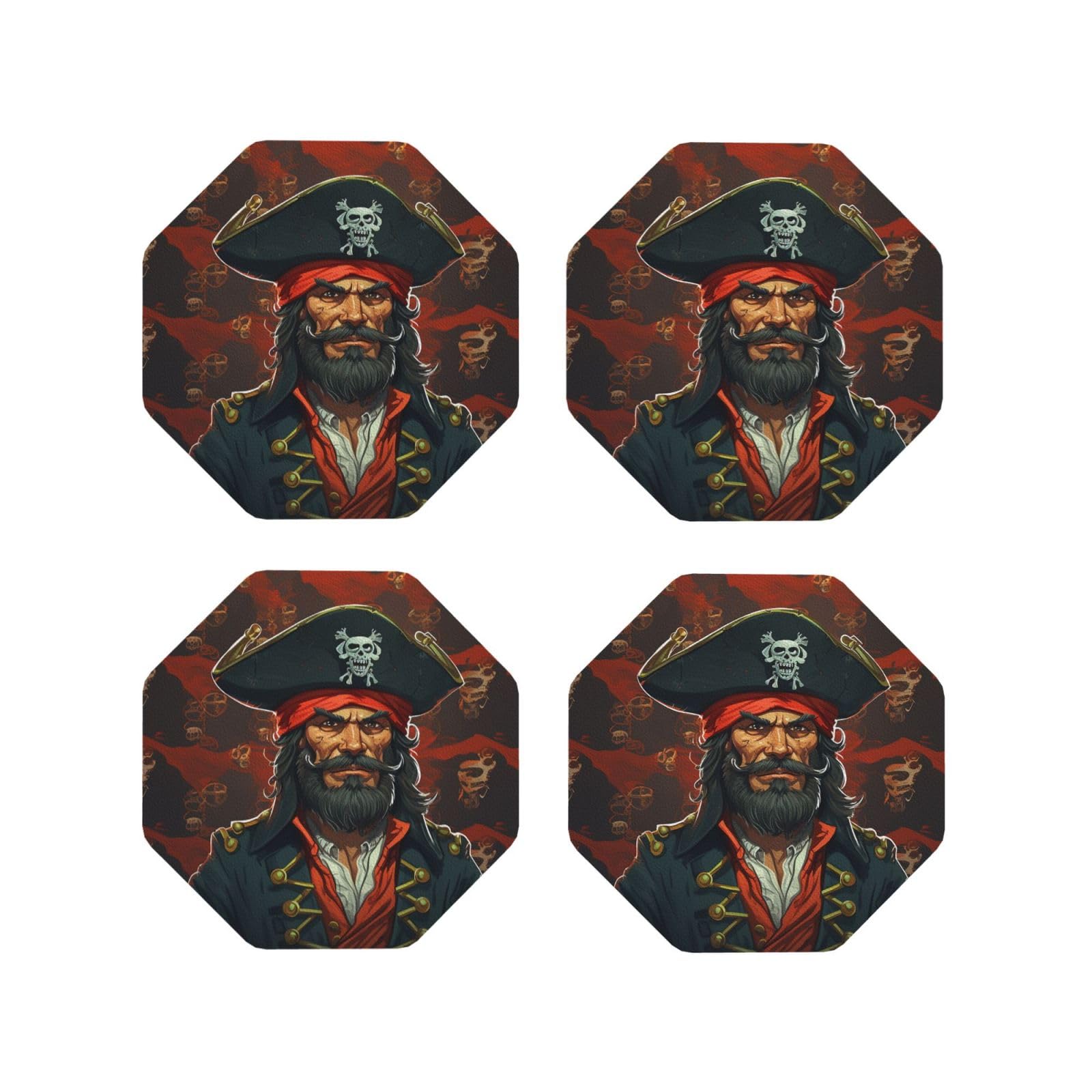 4Pcs PU Leather Coaster for Drinks, Pirate Captain Cup Coastersr 4" Cup Mat Pad, Aesthetic Drink Coasters for Coffee Table, Octagon Coaster for Tabletop Protection