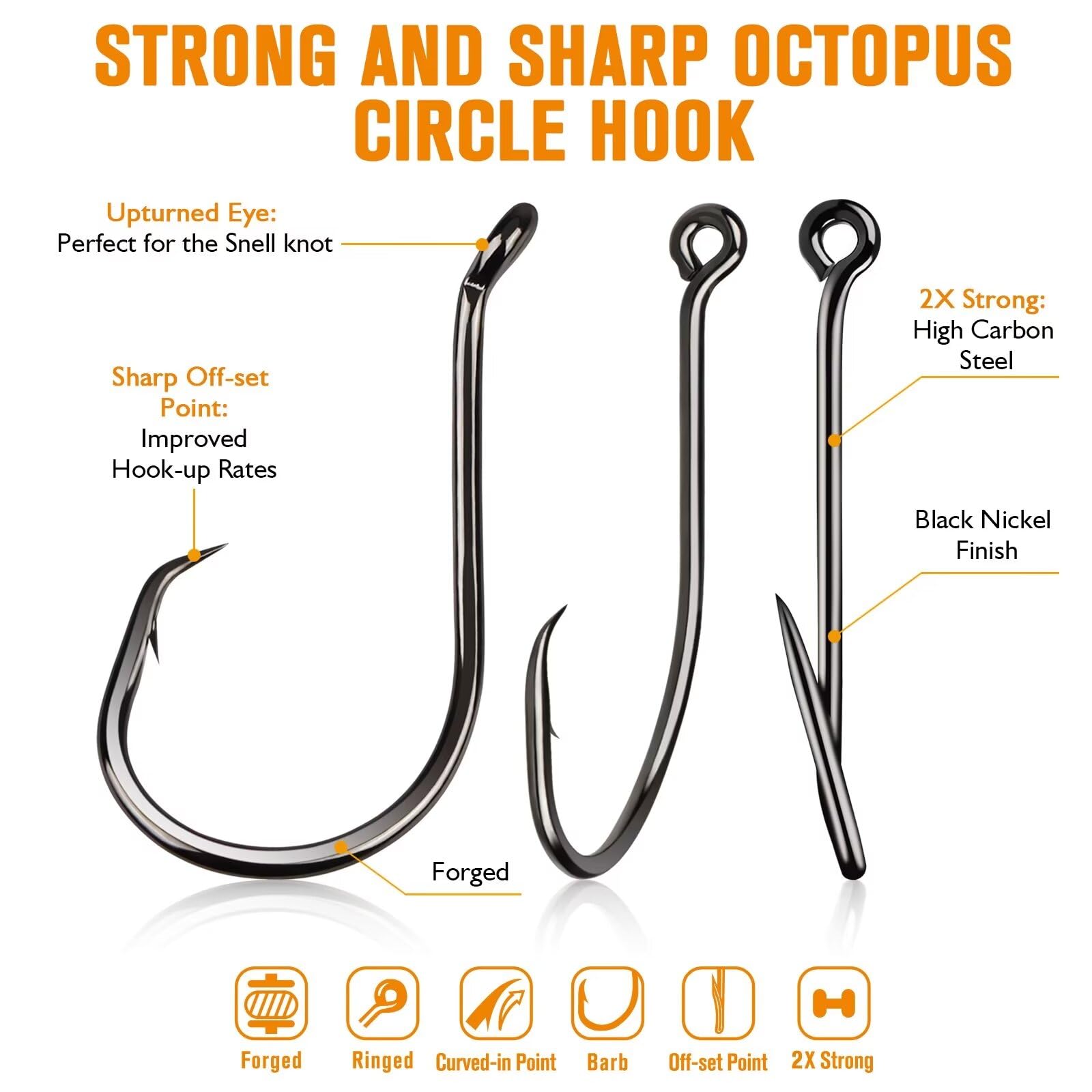 Dovesun 2X Strong 50PCS Catfish Hooks Octopus Circle Hooks Saltwater and Freshwater 8/0