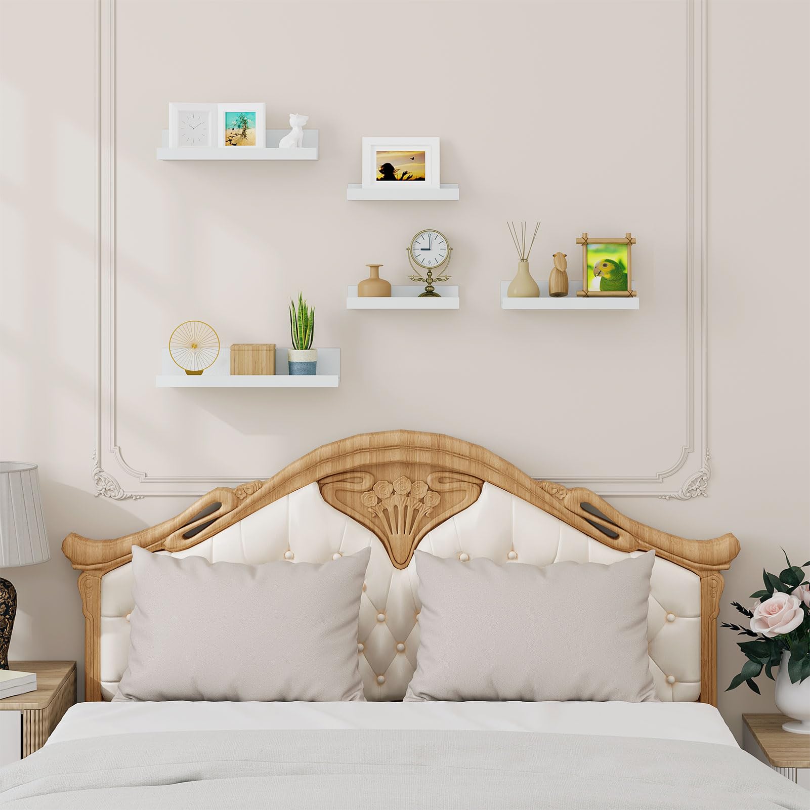 EUGAD Estanteria Pared Modernos Set de 5, Estantes Flotantes de MDF para Cocina, Baño, Repisa para Fotos para Sala de Estar, Dormitorio, Pasillo con Diseño Anti-Caída, Blanco, 5 Tamaños