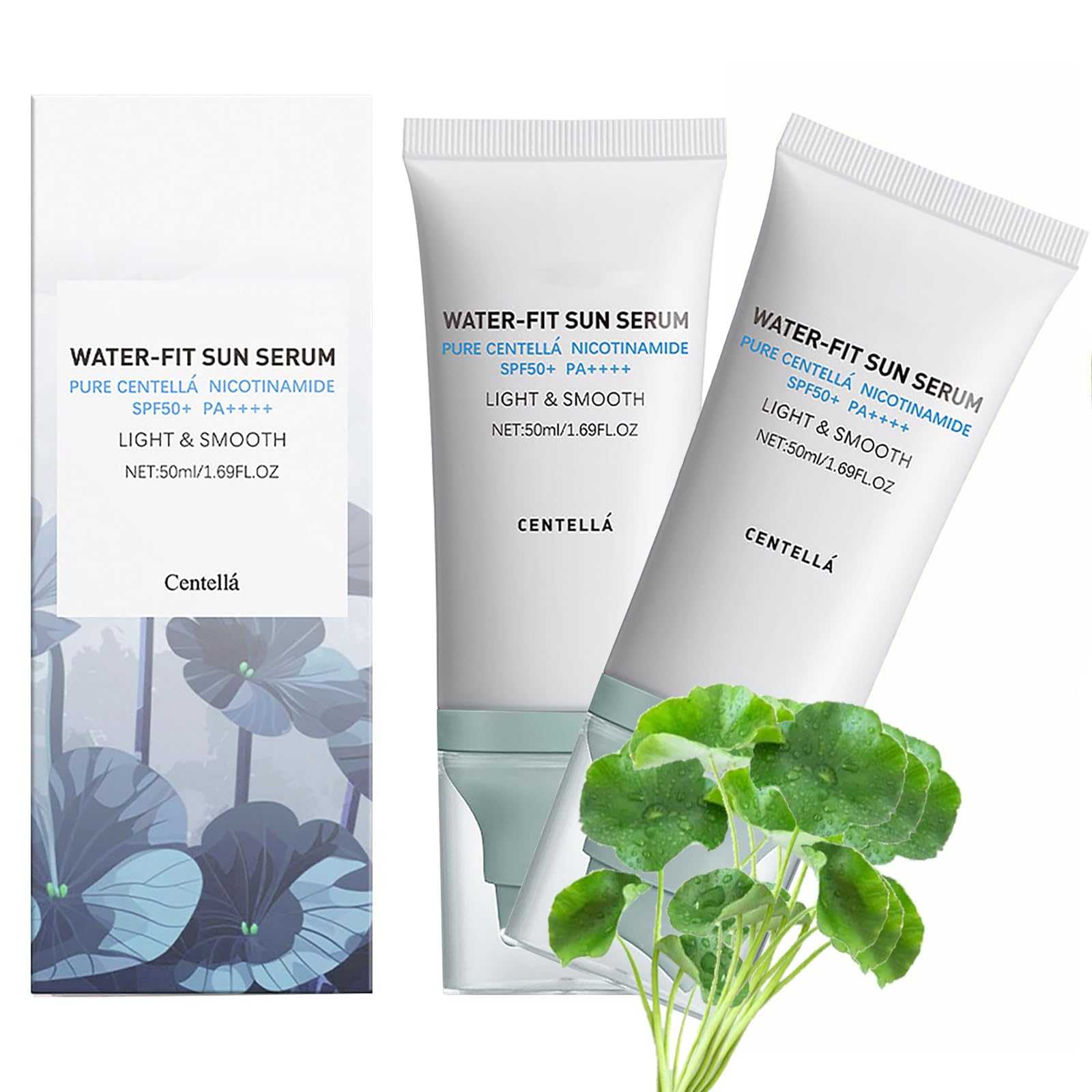 2 Pcs Centella Sunscreen Light Hydrating Centella SPF50 Water-Fit Sun Serum for All Skin Type and UV Defense