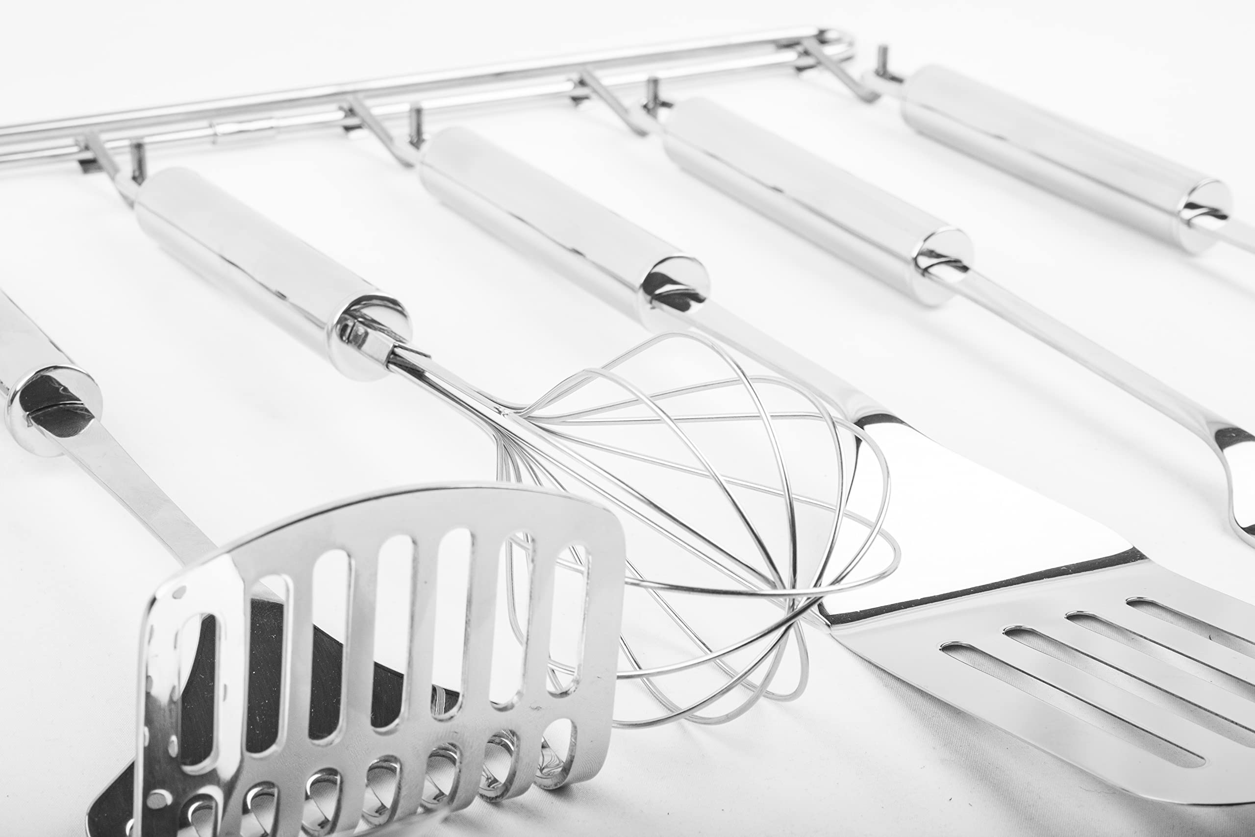 Set di 6 utensili da cucina e gancio – Acciaio inox