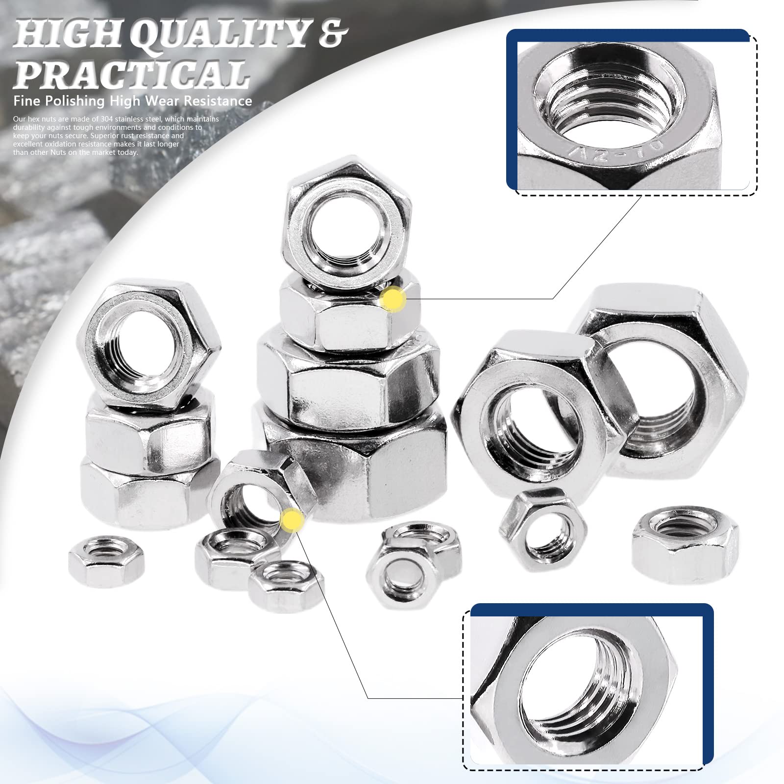 Glarks 524Pcs 304 Stainless Steel Hex Nuts and Flat & Lock Washers Assortment Kit Including 177Pcs Hex Nuts and 170Pcs Flat Washers and 177Pcs Lock Washers - Image 4