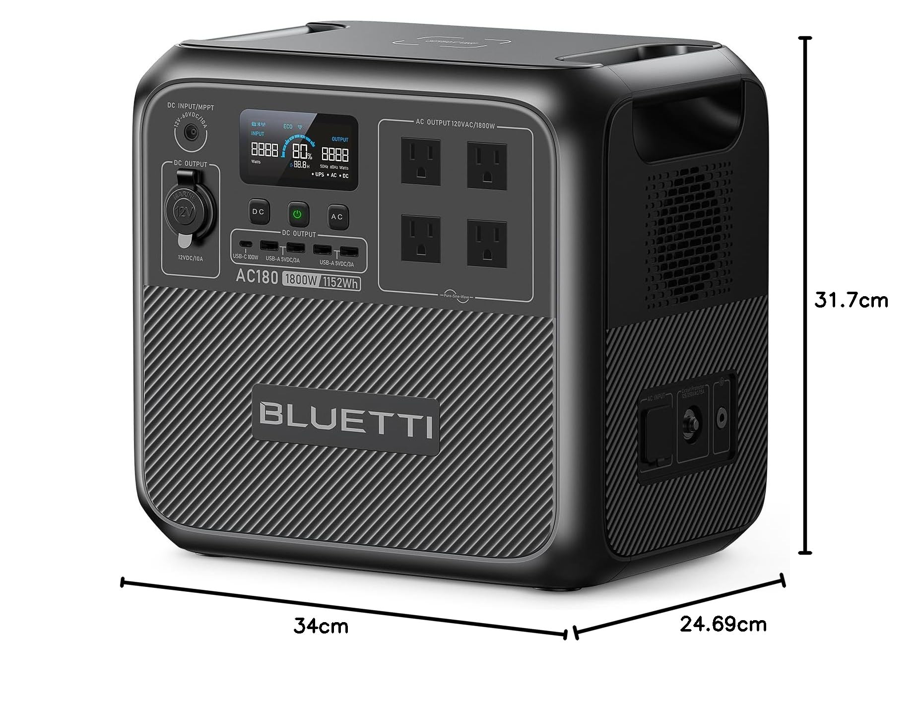 BLUETTI AC180 Generador Solar Portátil, 1152Wh LiFePO4 Batería con 2 salidas AC 1800W (2700W Pico), 0-80% en 45 Min, Estación de Energía Solar para Camping, Viajes, Cortes de Electricidad