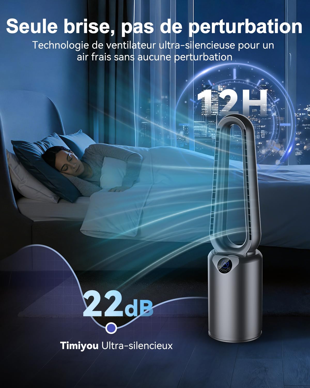 Ventilateur Colonne Sans Pales 85 cm - Ventilateur Tour Silencieux 20dB avec 24 Vitesses, Vitesse Maximum 9,7 m/s, Oscillation à 90°, Minuterie 12H, Télécommande et Tactile pour Grande Chambre