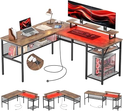 iSunirm L Shaped Gaming desk, 141x117x76cm Computer Desk with Grid Storage Rack, Office Desk with Reversible Corner Table for Study Play Work Home Office, Brown