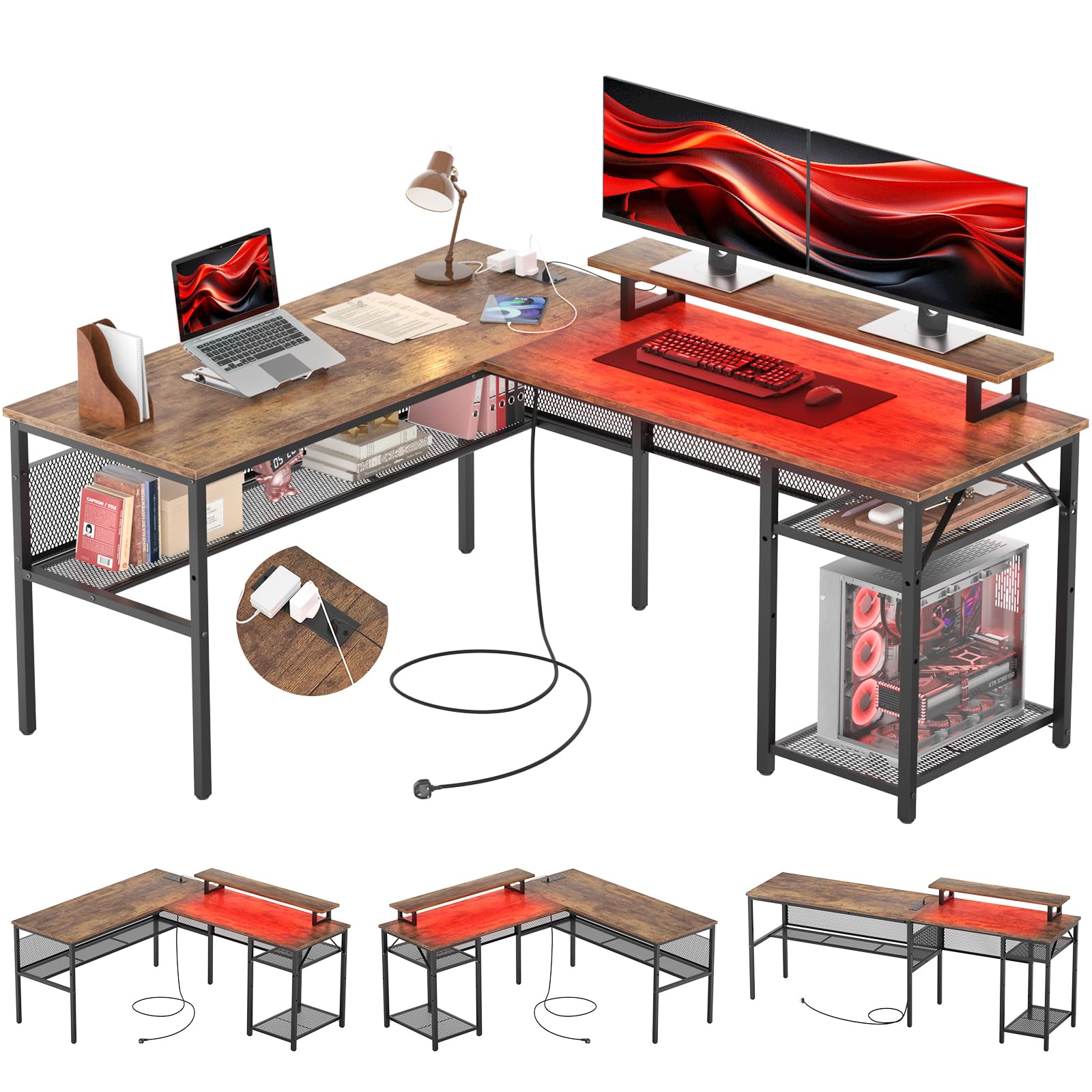 iSunirm L Shaped Gaming desk, 141x117x76cm Computer Desk with Grid Storage Rack, Office Desk with Reversible Corner Table for Study Play Work Home Office, Brown