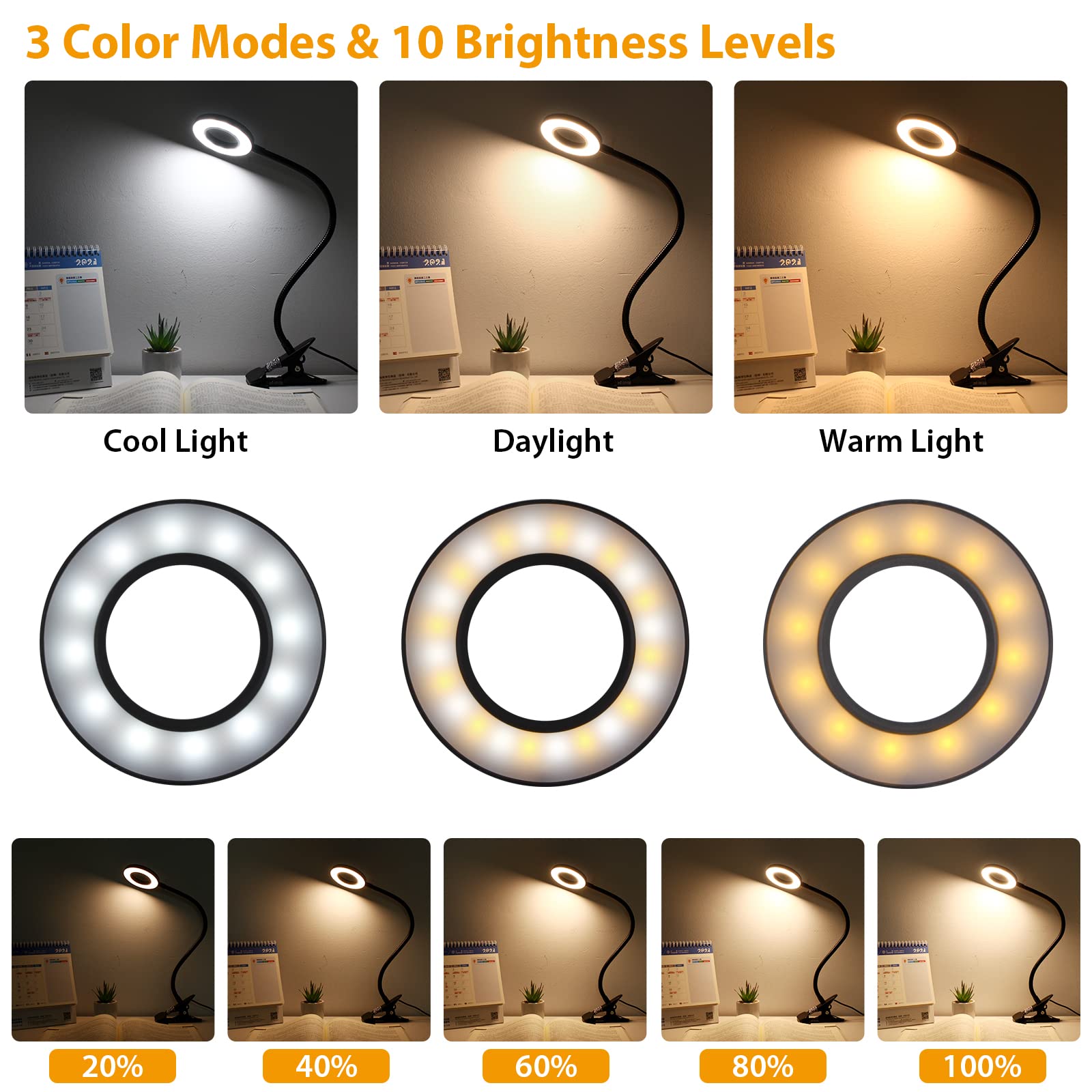 TBTeek LED Klemmleuchten, 48 LED Leselampe Bett Klemmbar, Augenpflege Schreibtischlampe, 3 Modi & 10 Dimmstufen, Klemmleuchte für Büro Heimgebrauch, CE Adapter Enthalten, Schwarz(2 Pack)