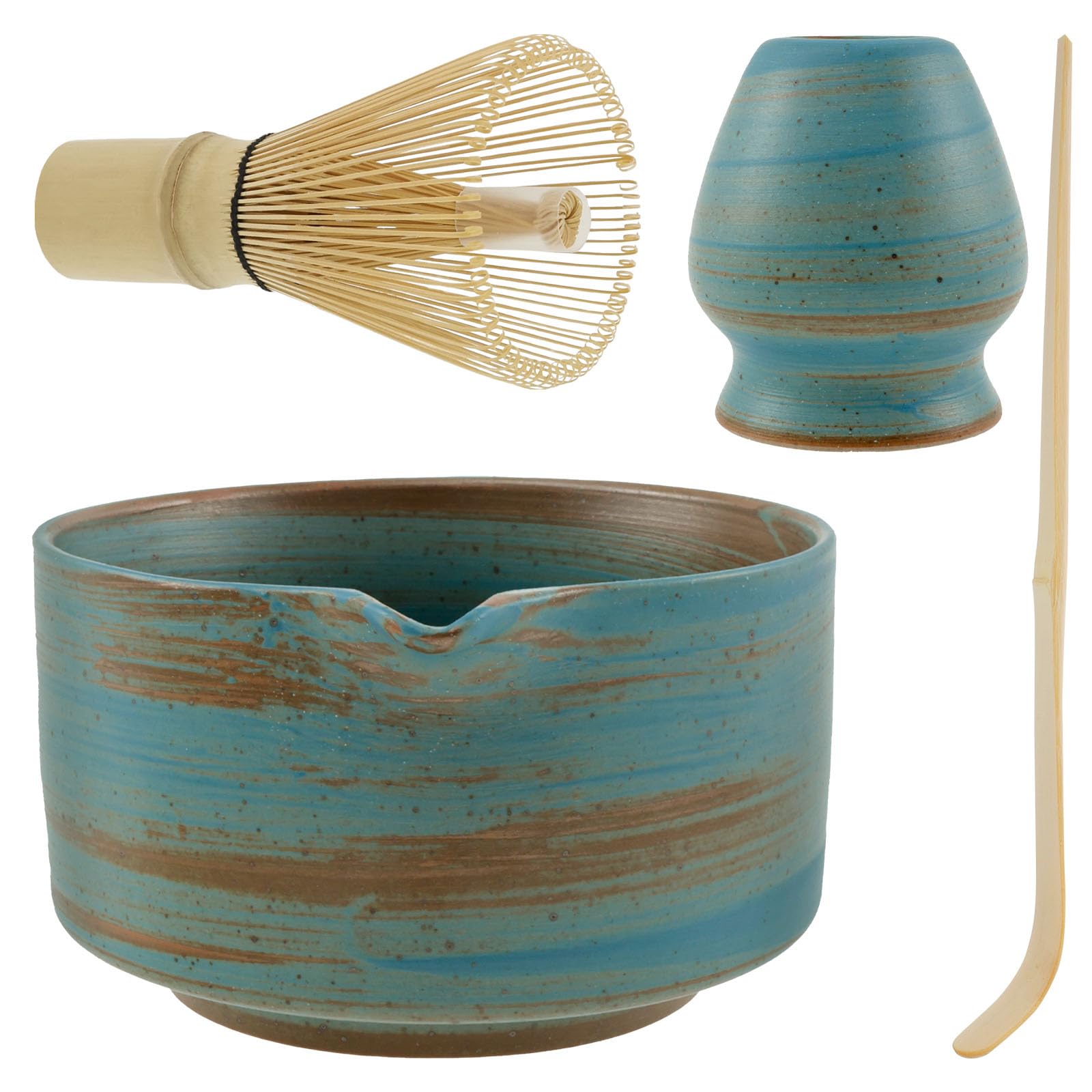 4 Pcs Matcha Whisk Set Matcha Tea Set Matcha Bowl and Whisk Bamboo Scoop Whisk Holder 500ml Ceramic Bowl with Pouring Spout Reusable Matcha Making Kit for Tea Drinking (B)