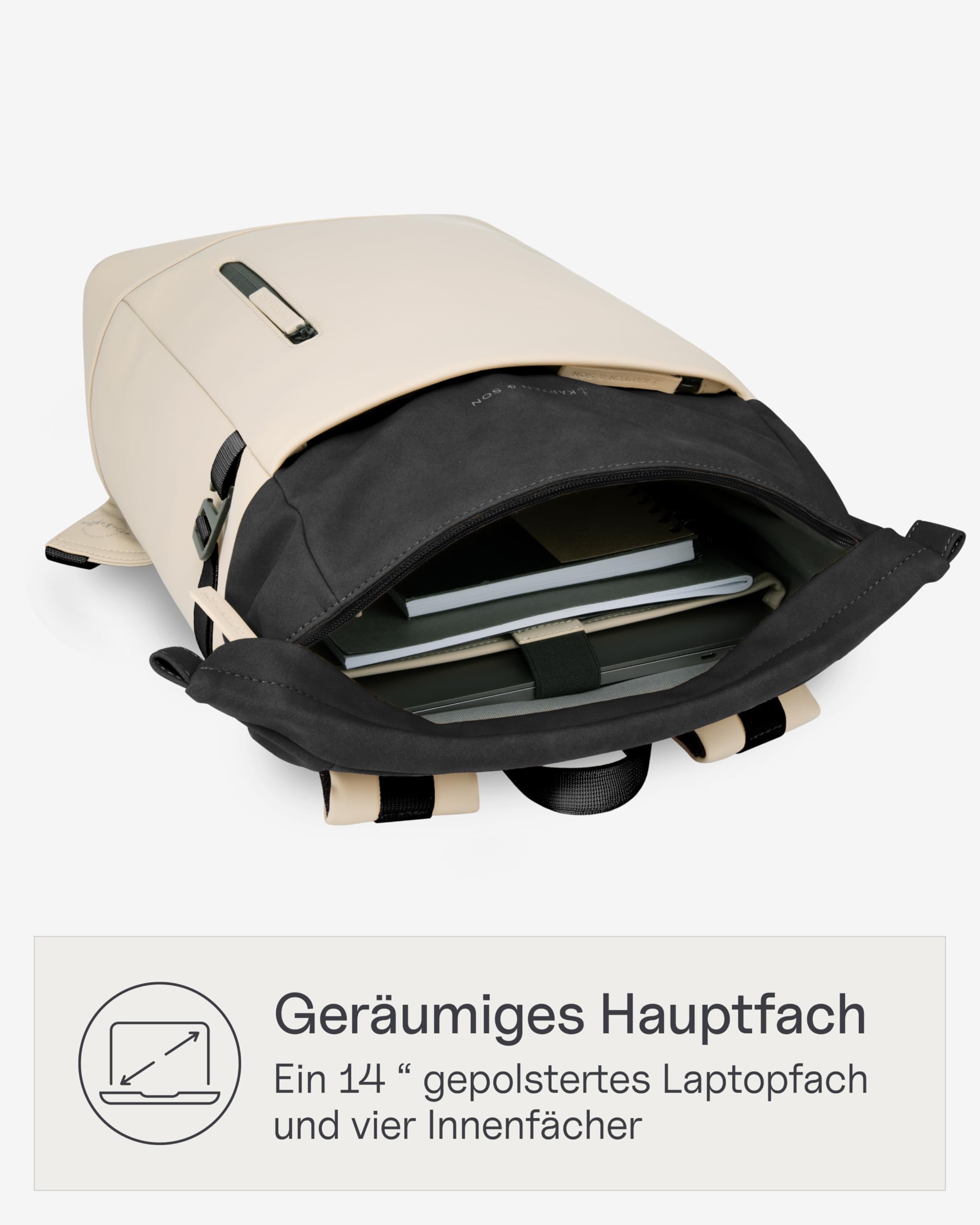 Kapten & Son Rucksack Aarhus Cream Black 14 L | Rucksack Damen & Herren Schwarz-Beige | Rolltop mit 14" Laptopfach | Backpack ideal für Reisen, City, Uni, Arbeit | wasserabweisend