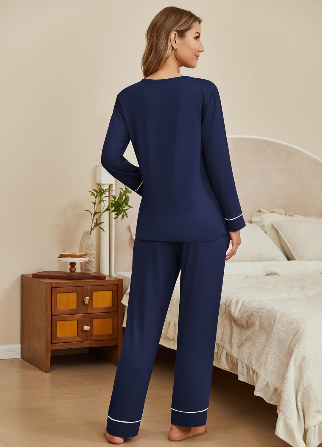 Ekouaer Women's Pajamas Sets 2 piece PJs V Neck Long Sleeve Sleepwear Comfy Pants Loungewear with Pocket - Image 3