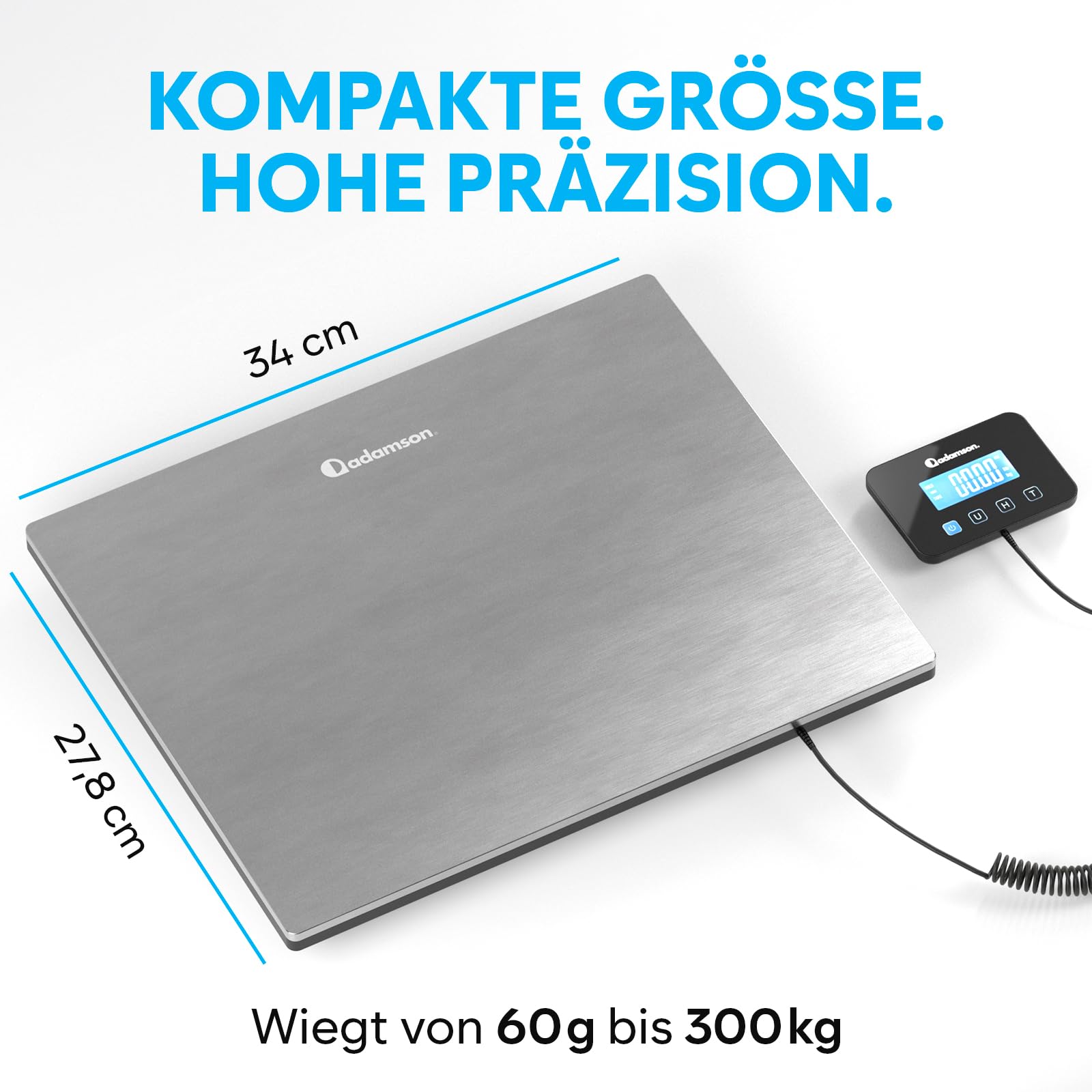 Paketwaage - 300 kg - Hochpräzise Plattformwaage mit Halte-/Tara-Funktion/LCD - Postwaage perfekt für Pakete, Gepäck, Heimgebrauch - Batterie & Kabel enthalten - Gepäckwaage - Silber