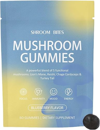 Shroom Bites  5-Mushroom Daily Gummy (Lions Mane  Reishi  Cordyceps  Chaga  Turkey Tail),60-Count