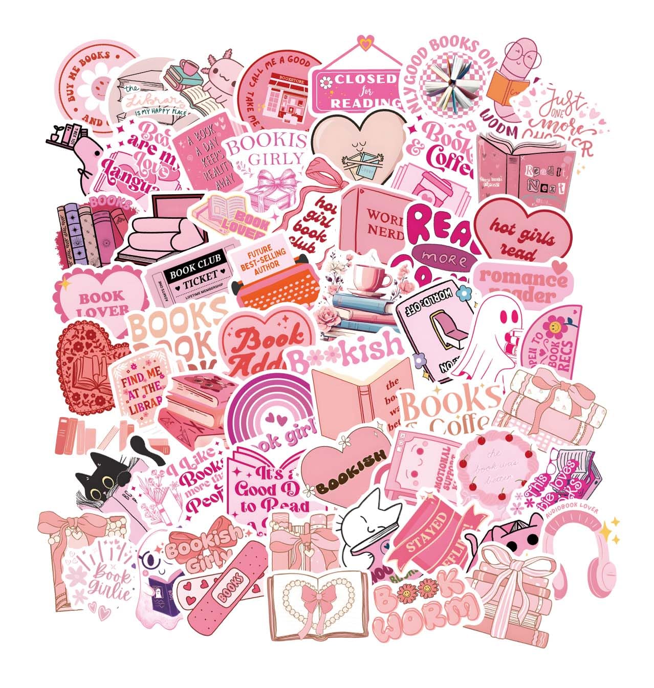 Pink Bookish Stickers 61pcs, Book Sticker for Kindle, Aesthetic Pink Sticker Kindle, Girly Booktok Stickers Reading Stickers for Woman Girl Book Lover