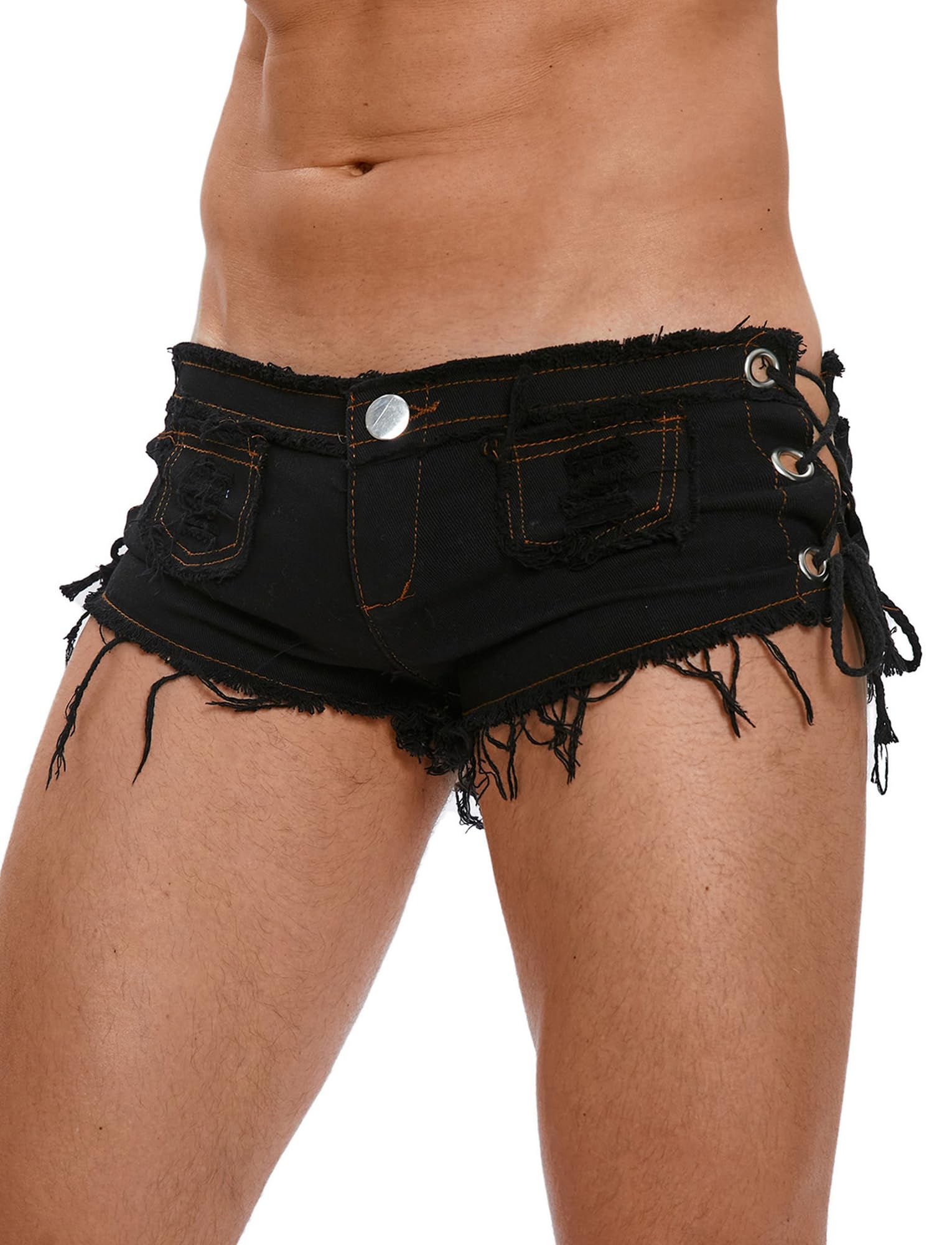FEOYA Pantalon Sexy en Jean pour Homme avec Sangle Latérale Taille Basse Ourlet Brut Effiloché Mini Short en Jean Découpé pour Fête, Club, Plage, Vacances