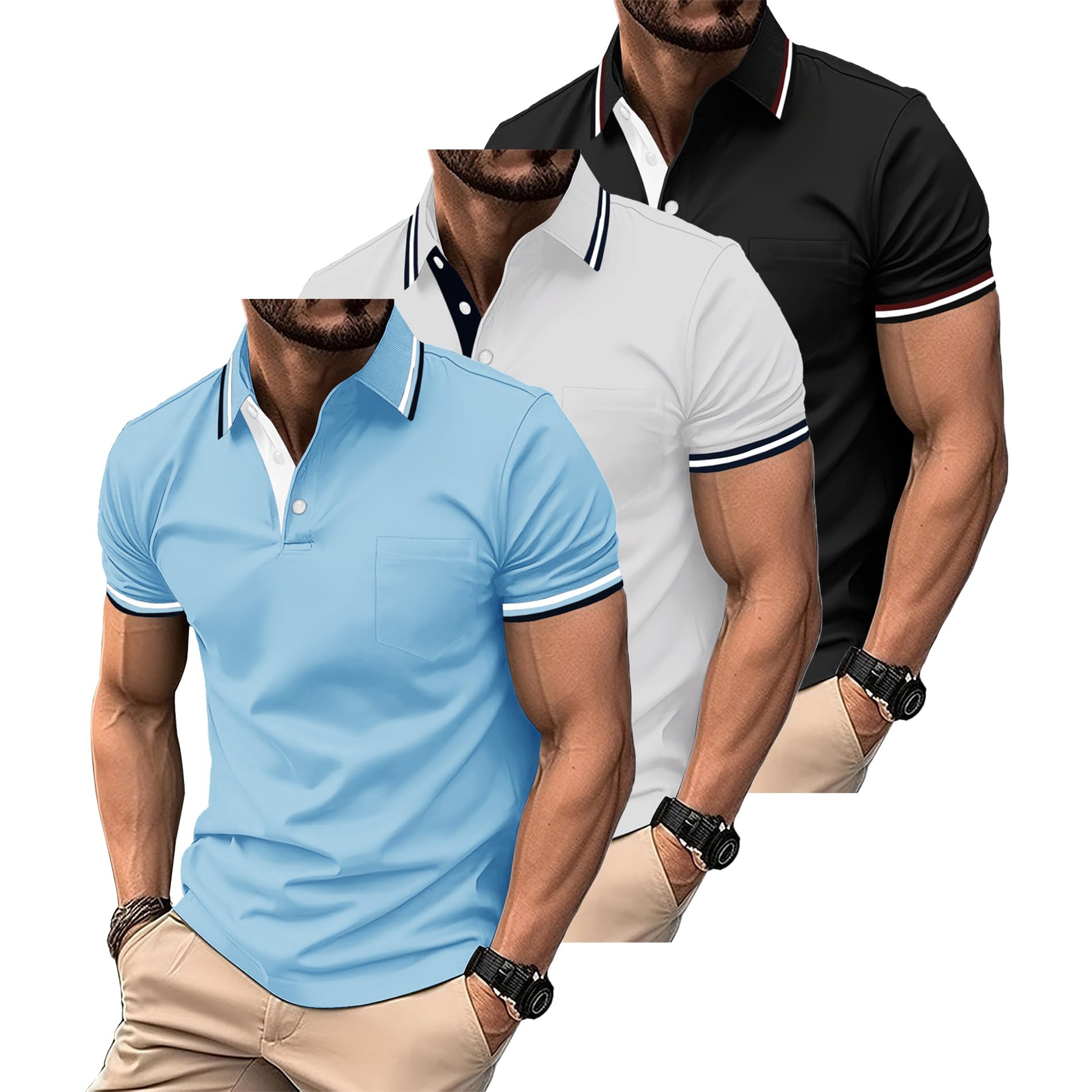 ZITY Polo para Hombre Paquete de 3 Polo Manga Corta Camiseta Golf Trabajo Transpirable Camiseta Informal con Bolsillo Verano Tres Piezas T Shirt para Vacaciones — view 12